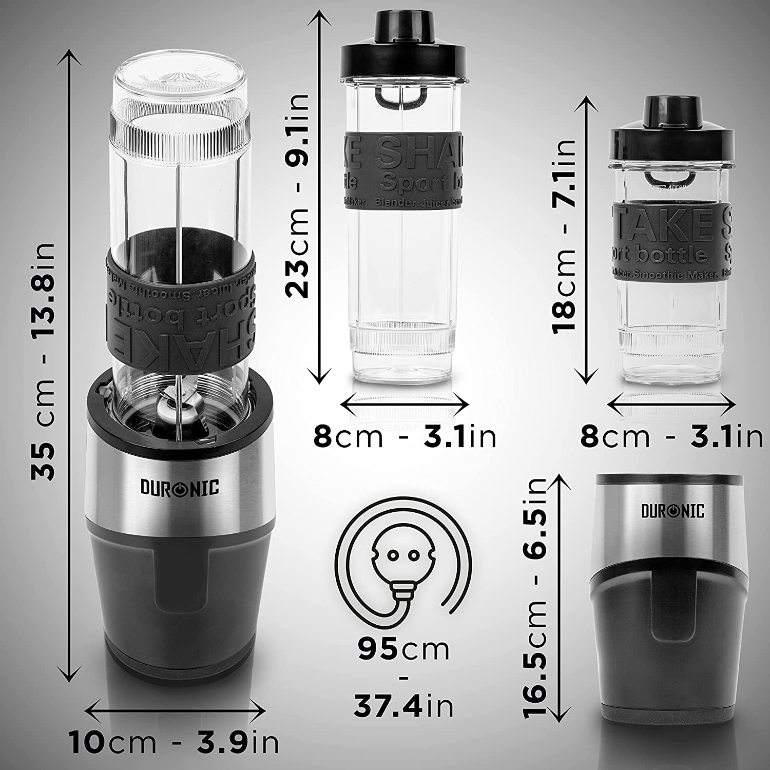 Drei Mixer mit Messungen. Beschriftungen: SHAKE, Sport und Take Bottle. Abmessungen in cm und Zoll.
