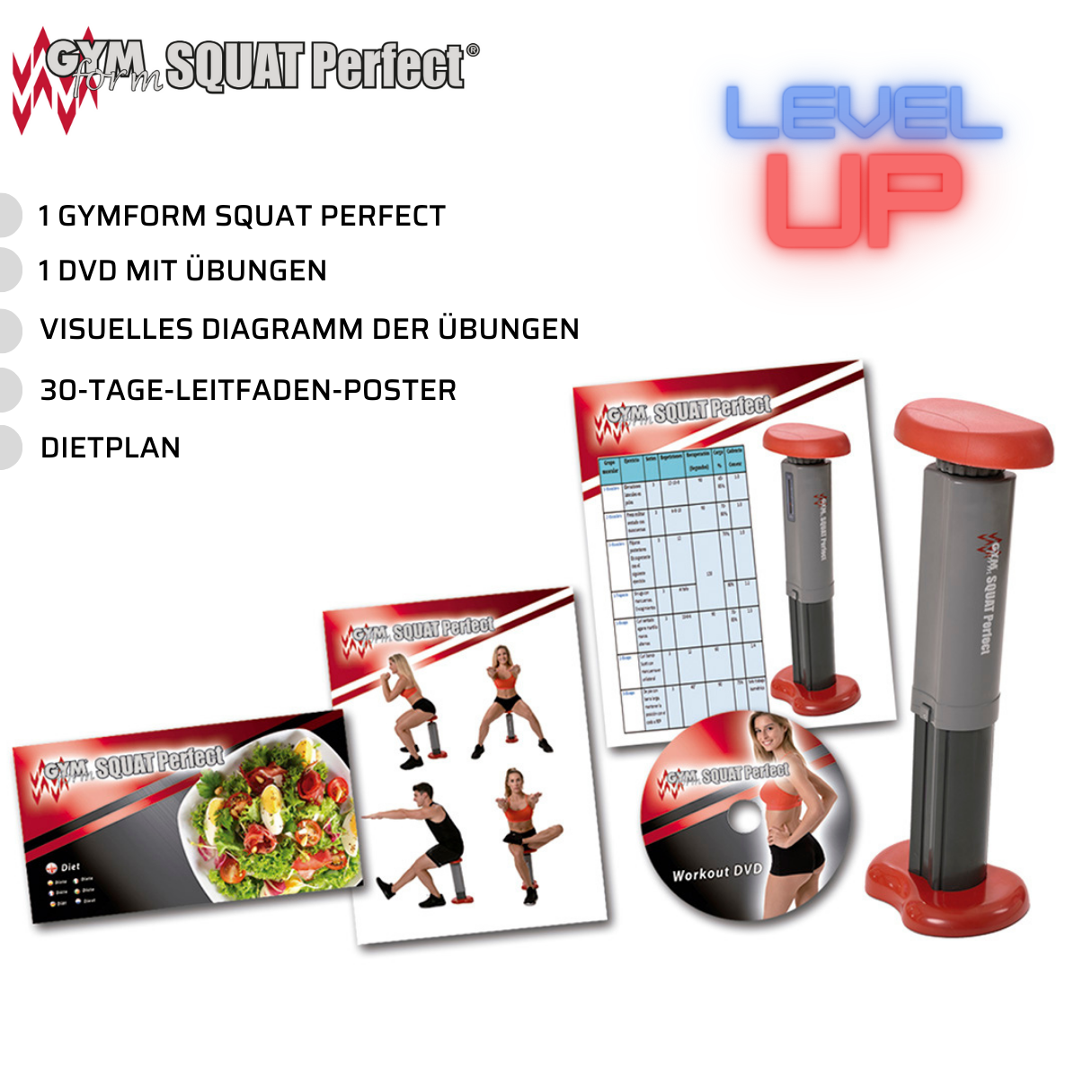 GYMFORM Squat Perfect Beinmuskeltraning, Kniebeugentrainer, Trainigsgerät, Gesäßmuskeltraining Hometrainer, - Kniebeugen grau/rot