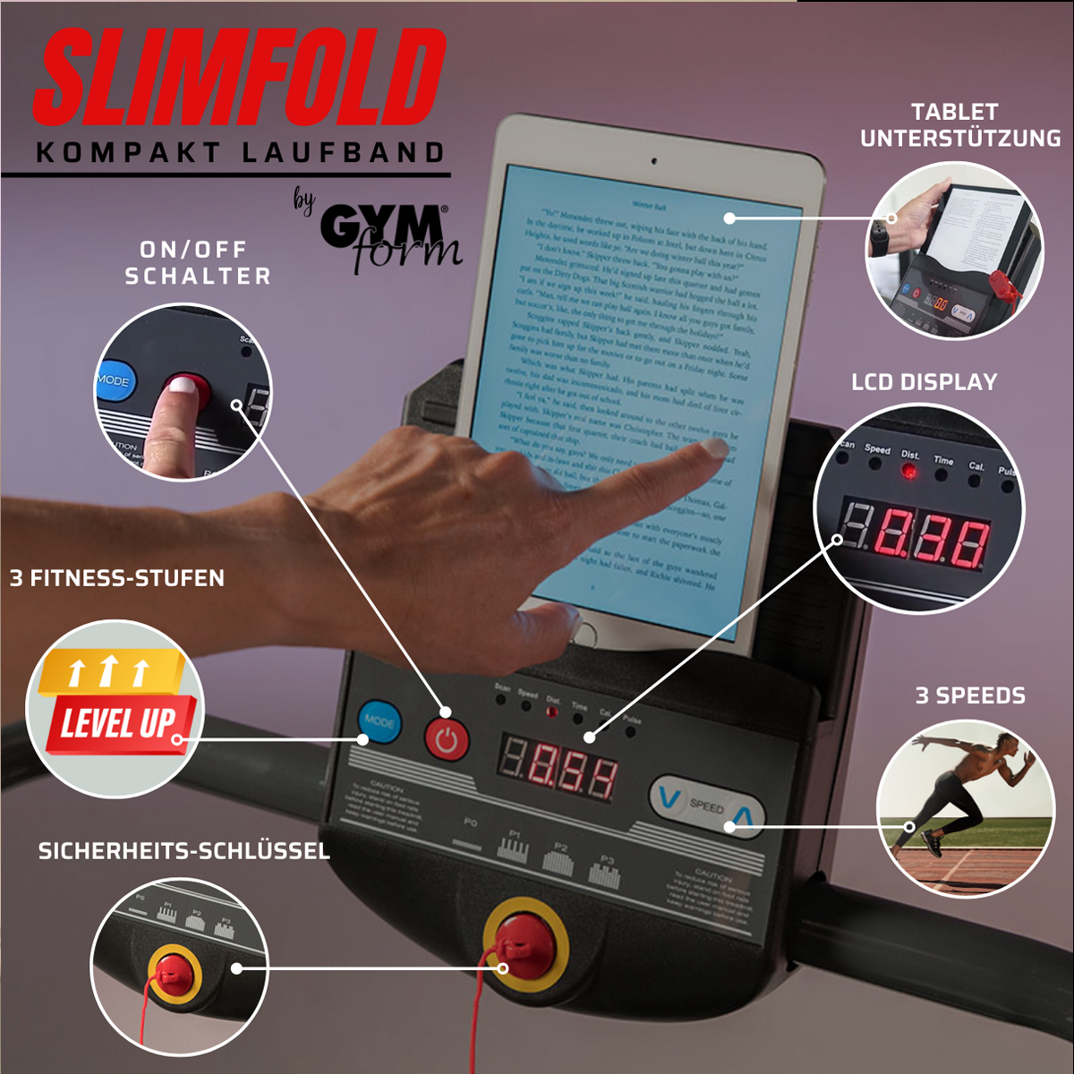 Laufband mit Tablet, Display und Knöpfen. Text und Illustrationen auf der Oberfläche.