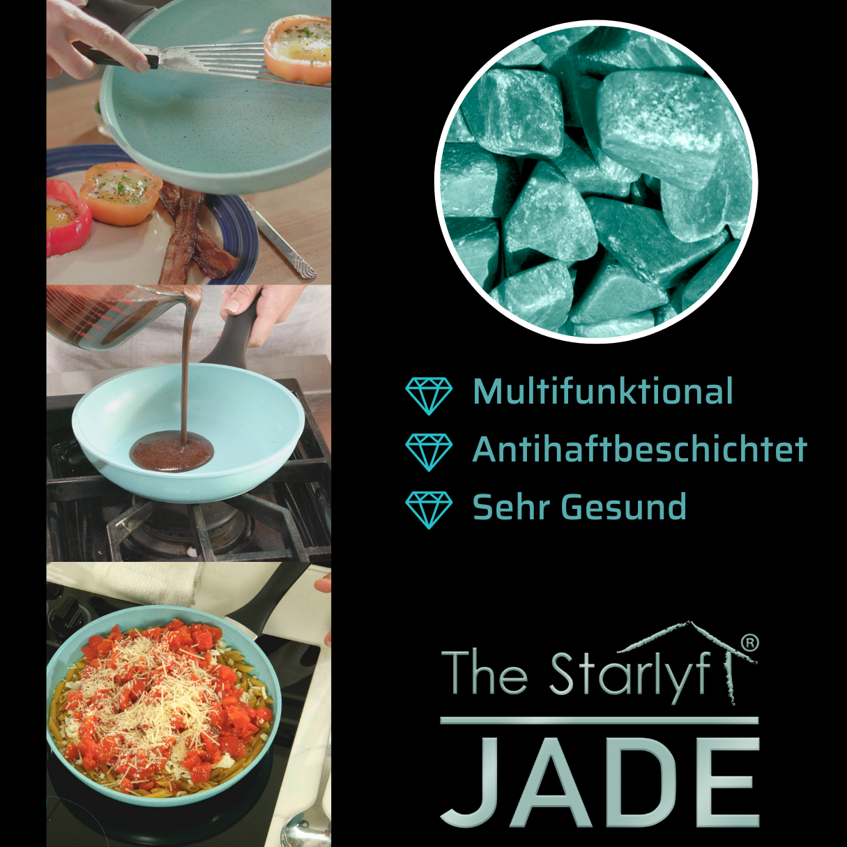 Kochszene mit blauer Pfanne und Zutaten. Text: 'Multifunktional, Antihaftbeschichtet, Sehr Gesund'.