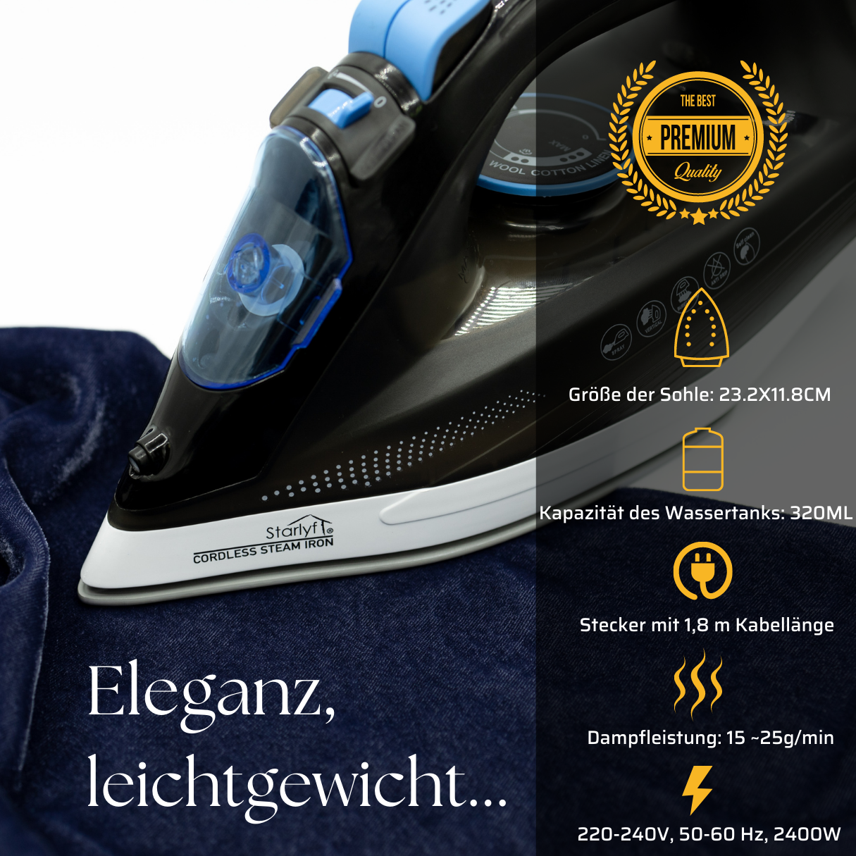 Ein schwarz-blaues kabelloses Dampfbügeleisen mit deutschem Text, das seine Eigenschaften zeigt.