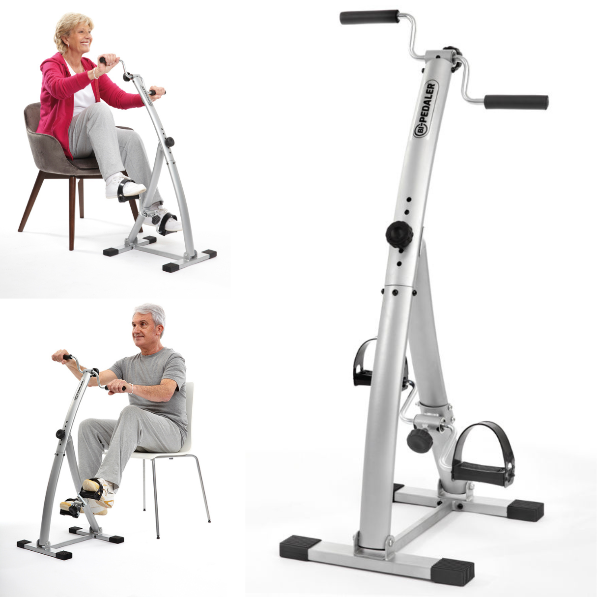 Zwei Personen trainieren mit dem Pedal-Trainingsgerät. Die Maschine ist silberfarben.