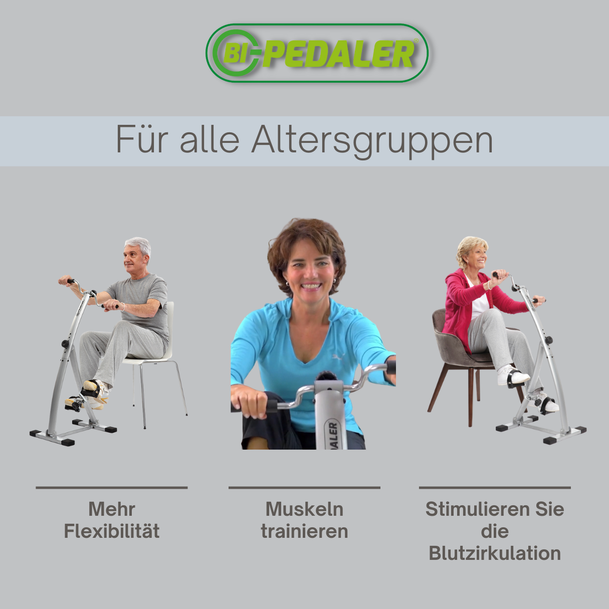 Drei Personen benutzen Trainingsgeräte. Text beschreibt die Vorteile des Trainings.