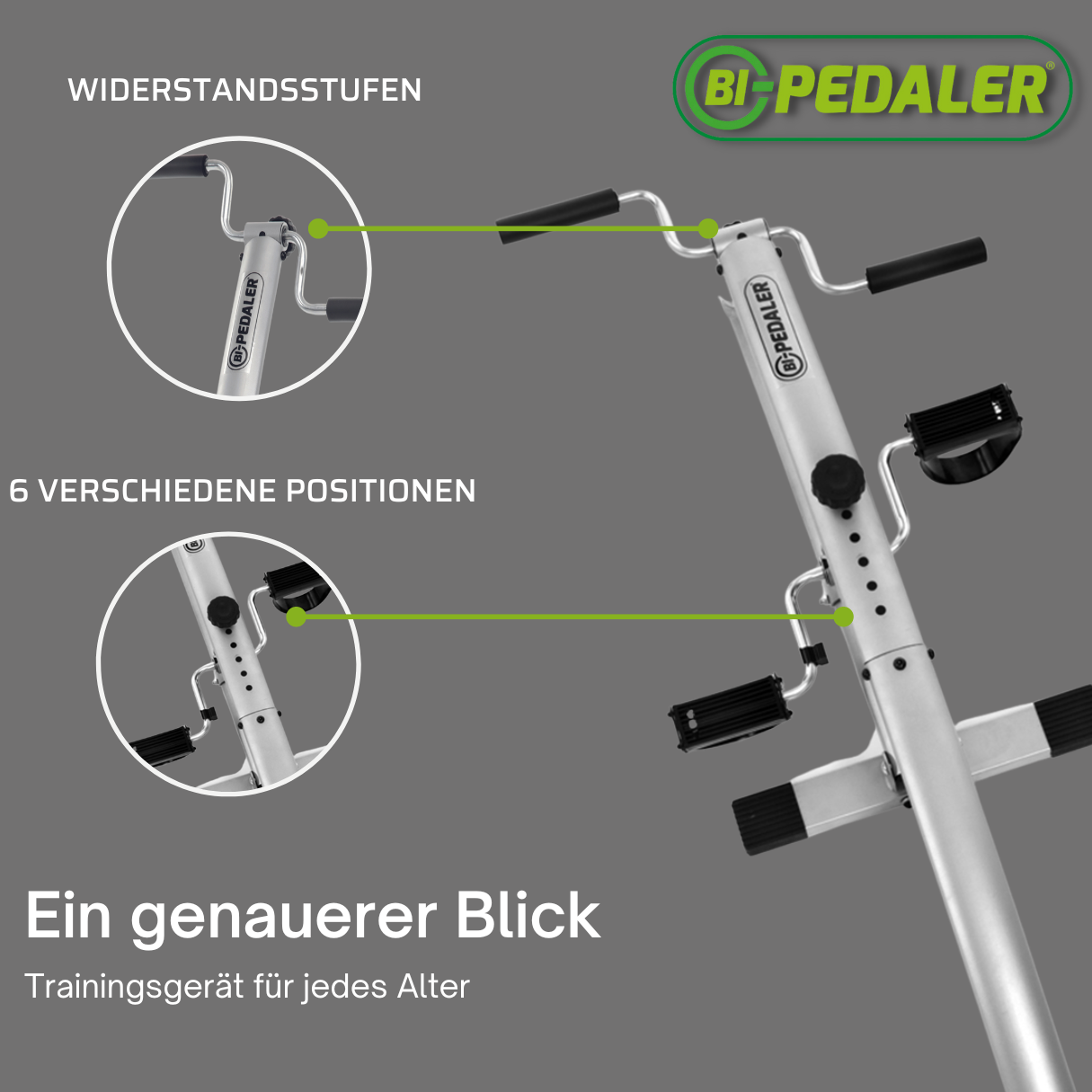 Silbernes Trainingsrad mit Infografik, die Einstellpunkte hervorhebt, mit Text auf Deutsch.