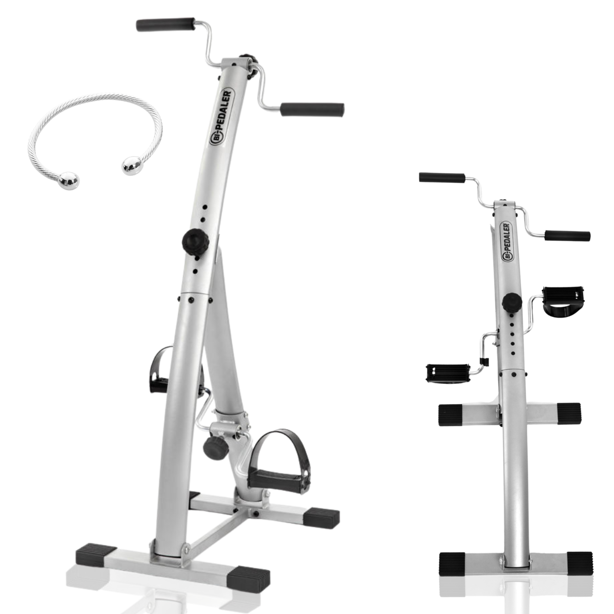 Zwei silberne Heimtrainer mit Hand- und Fußpedalen und ein silbernes Armband.