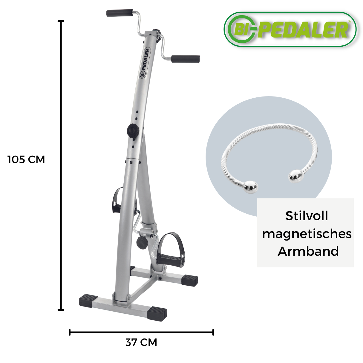 Silbernes Trainingsfahrrad mit Abmessungen. Ein silbernes Armband ist ebenfalls vorhanden.