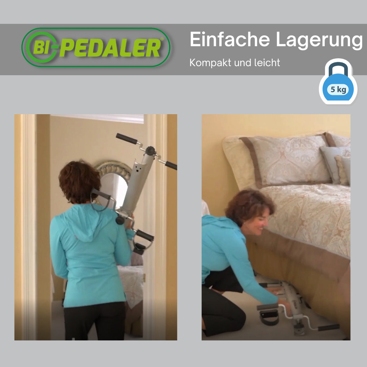 Zwei Bilder zeigen eine Frau, die eine Bi-Pedaler-Trainingsmaschine benutzt und trägt.