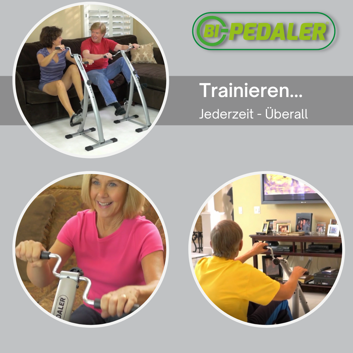 Vier Bilder zeigen Personen, die Trainingsgeräte, einen Bi-Pedaler, drinnen und draußen benutzen.