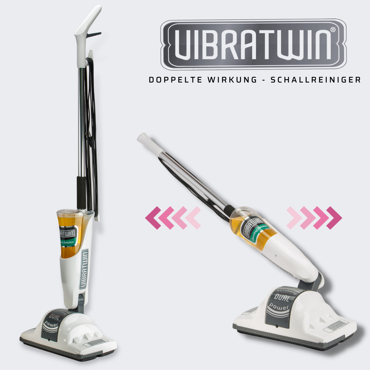 Weißer und silberner Bodenreiniger mit Dual Power. Pfeile weisen auf Bewegung und Reinigung hin.