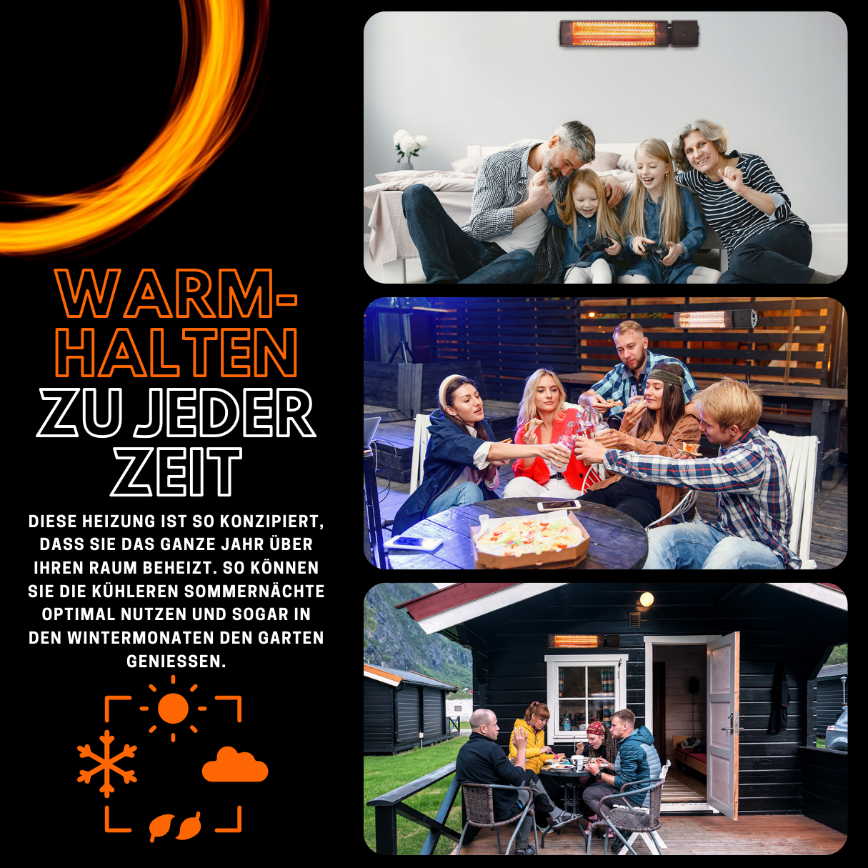 Bildcollage mit glücklichen Menschen in verschiedenen Outdoor-Umgebungen, in der Nähe eines Heizgeräts.