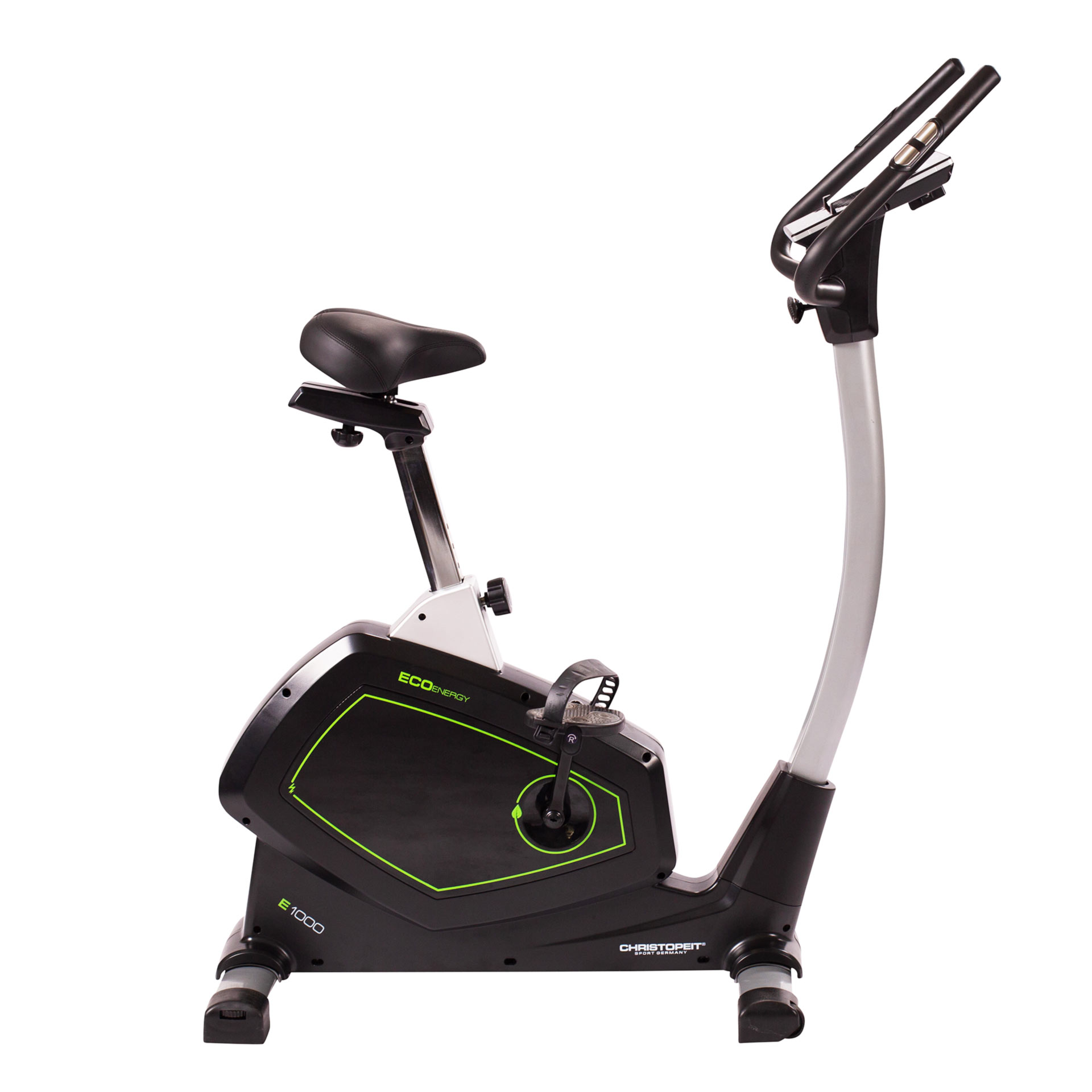 Stationäres Trainingsfahrrad, schwarz-grünes Design, mit weißem Hintergrund.