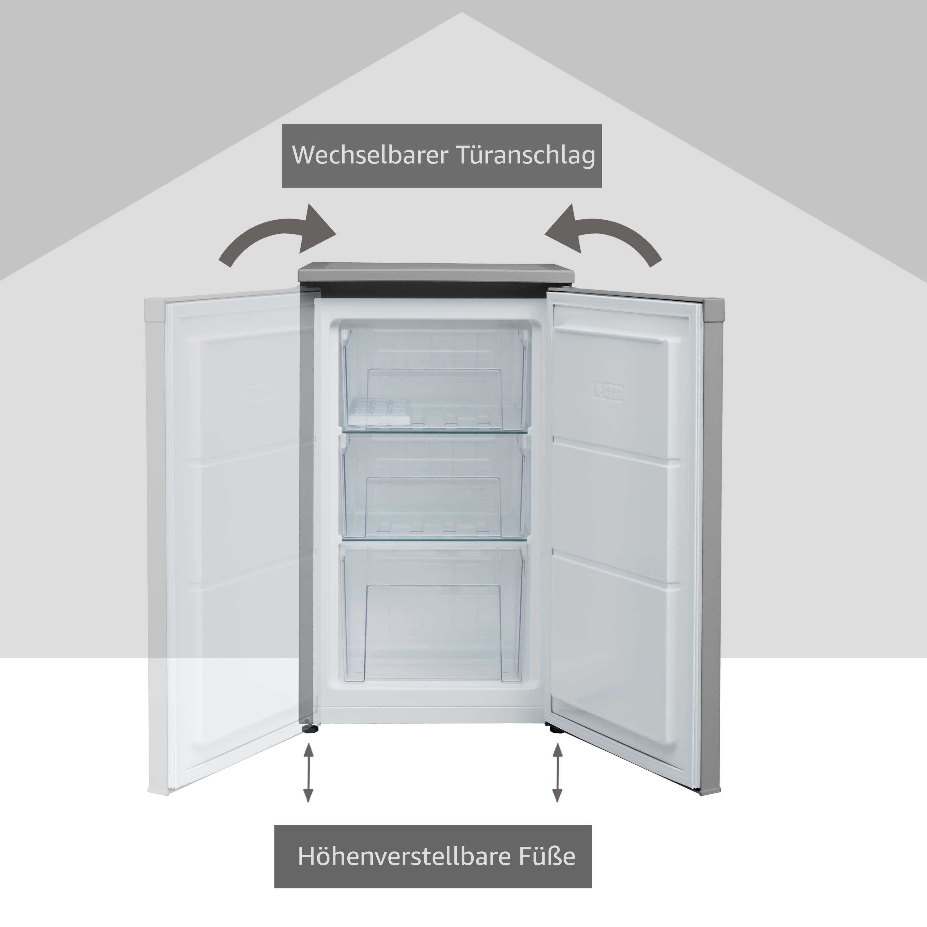 Ein Kühlschrank mit offenen Türen. Er hat Regale im Inneren und Pfeile zeigen auf Funktionen.