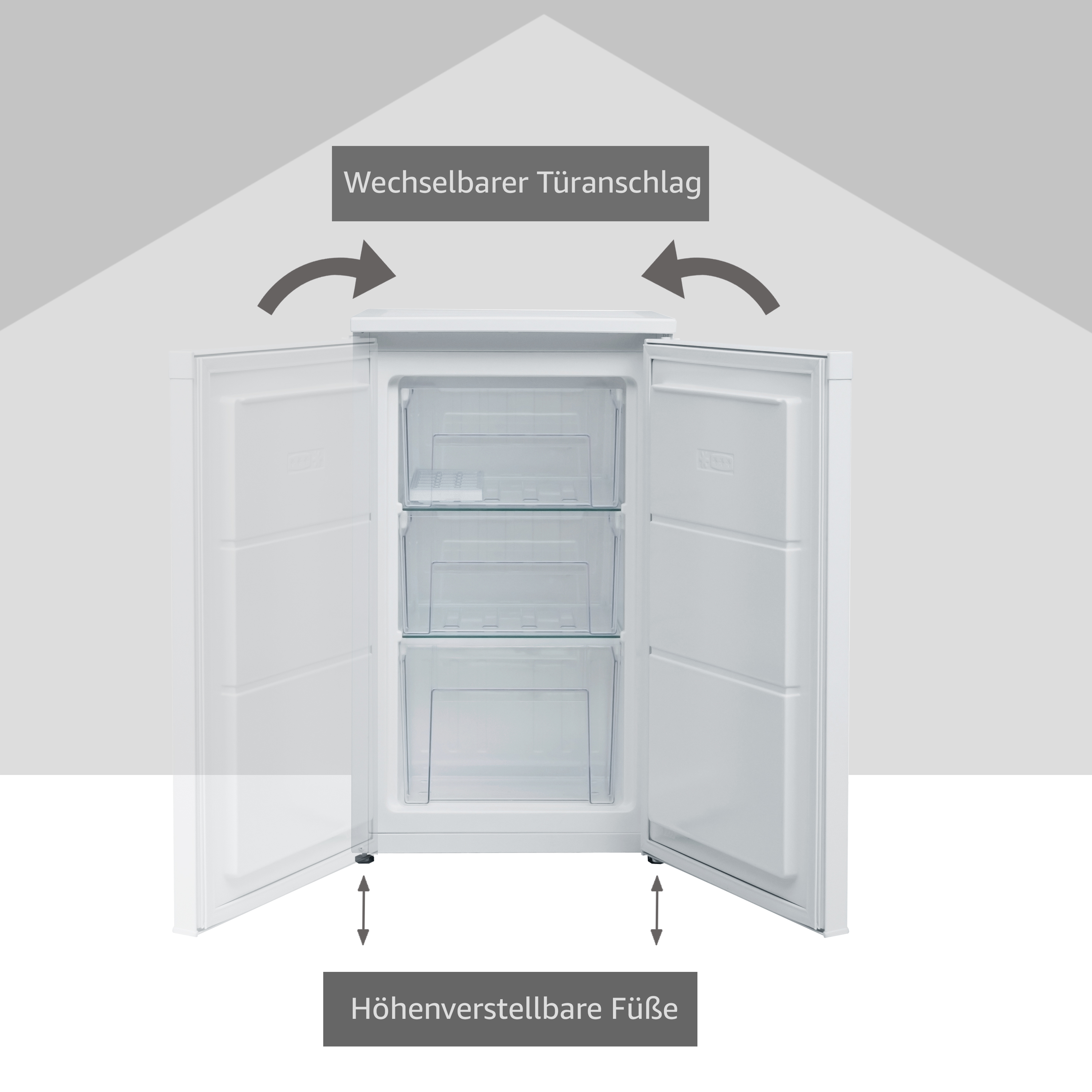 Weißer Kühlschrank mit geöffneten Türen. Pfeile kennzeichnen Türanschlag und verstellbare Füße.