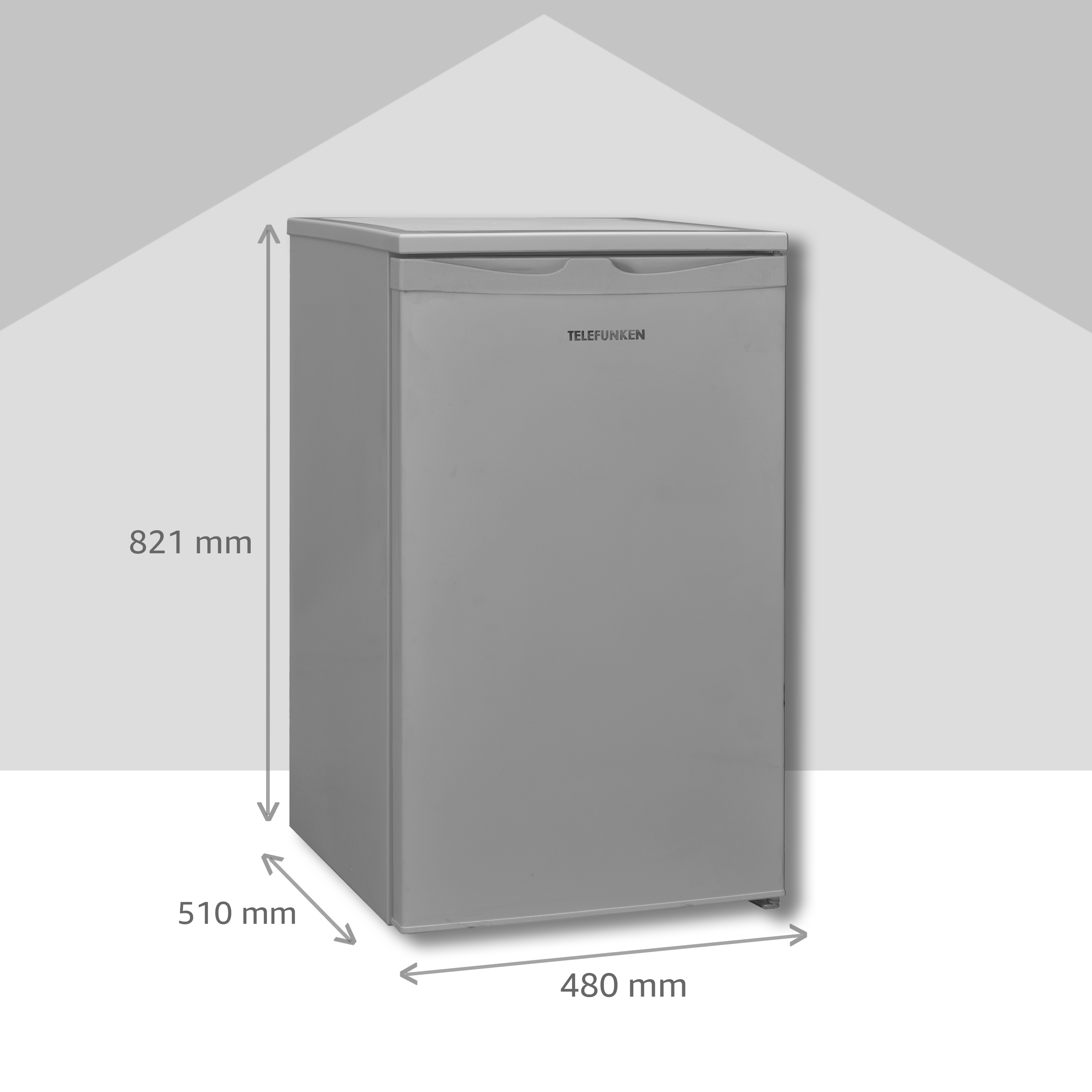 Ein grauer Kühlschrank mit angezeigten Abmessungen. Weißer Hintergrund. Telefunken-Logo auf der Tür.