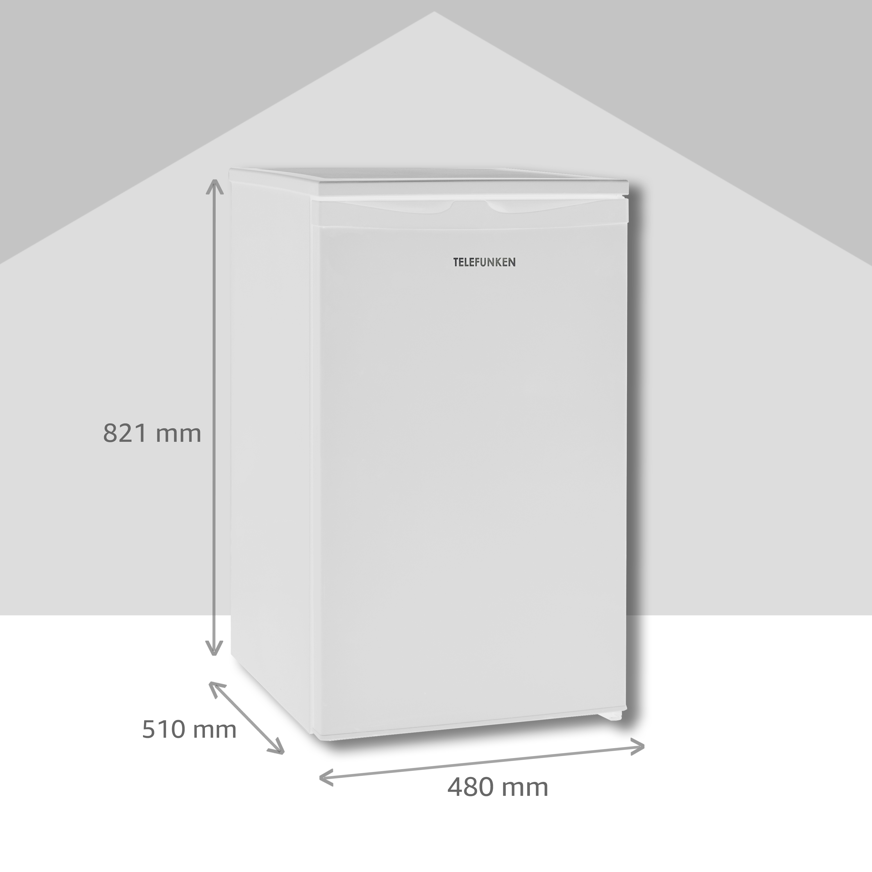 Weißer Kühlschrank, Maße und Abmessungen in mm auf grauem Hintergrund.