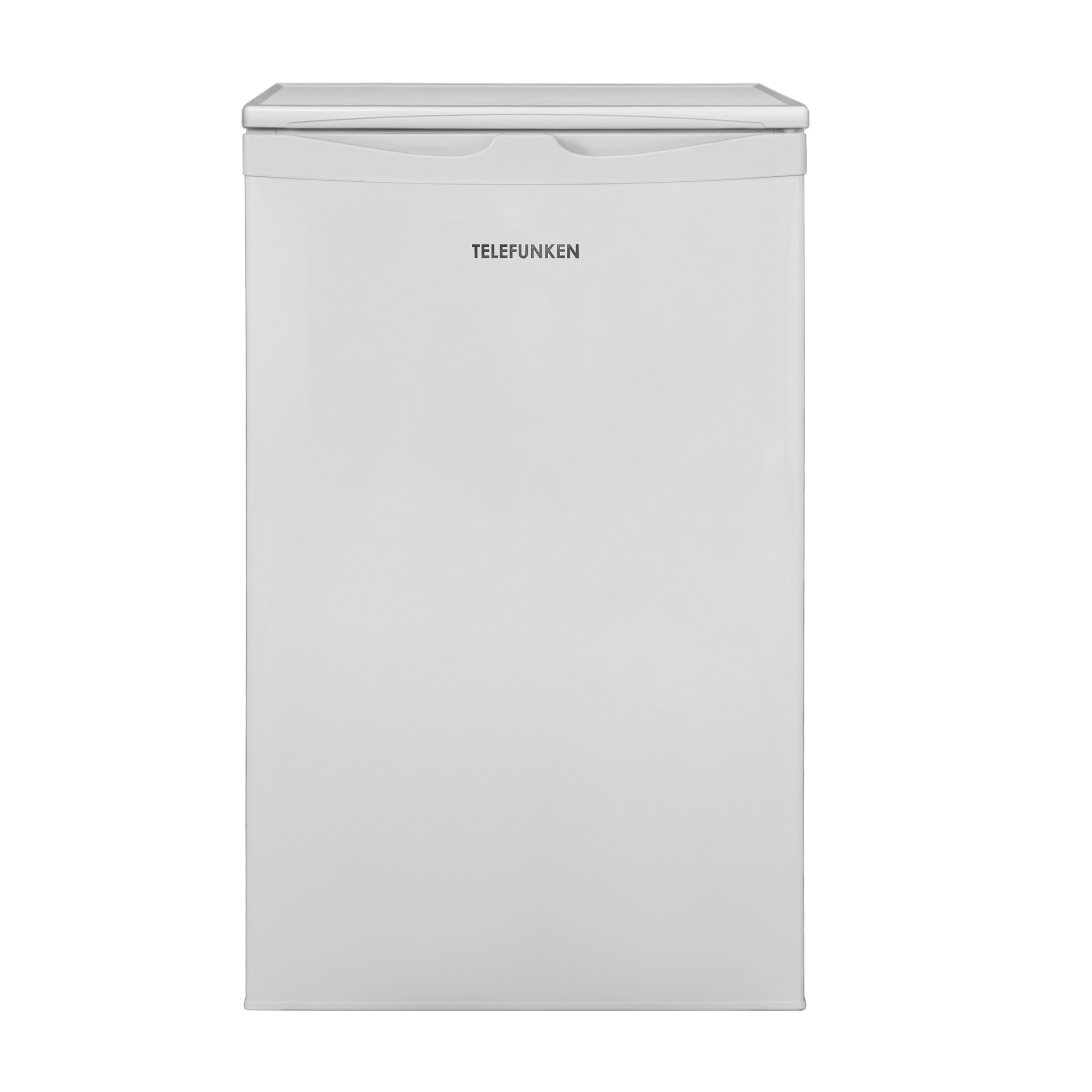 Ein weißer Mini-Kühlschrank mit dem Wort TELEFUNKEN auf der Vorderseite.