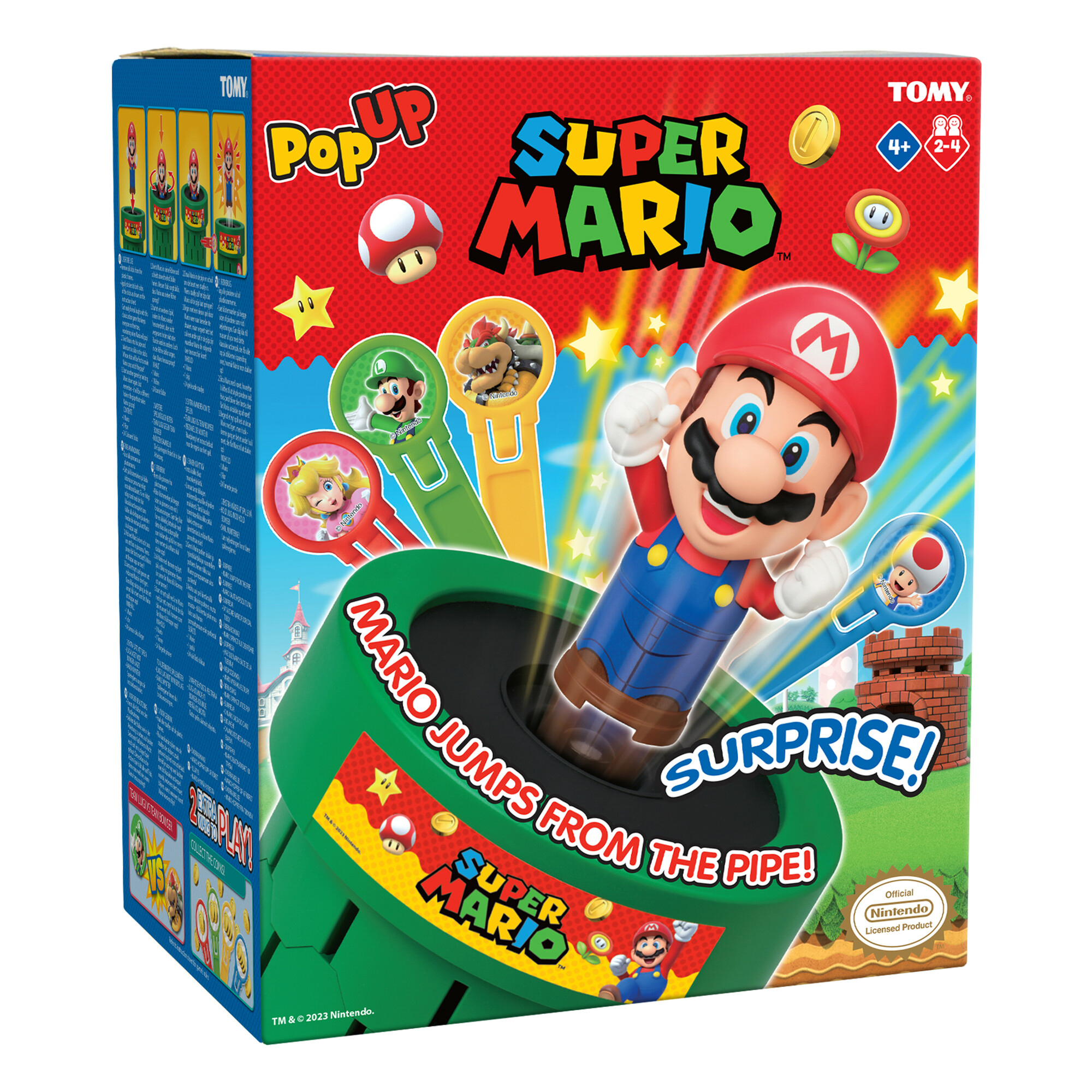 Scatola del gioco Super Mario con Mario che salta fuori dal tubo verde. Design colorato.