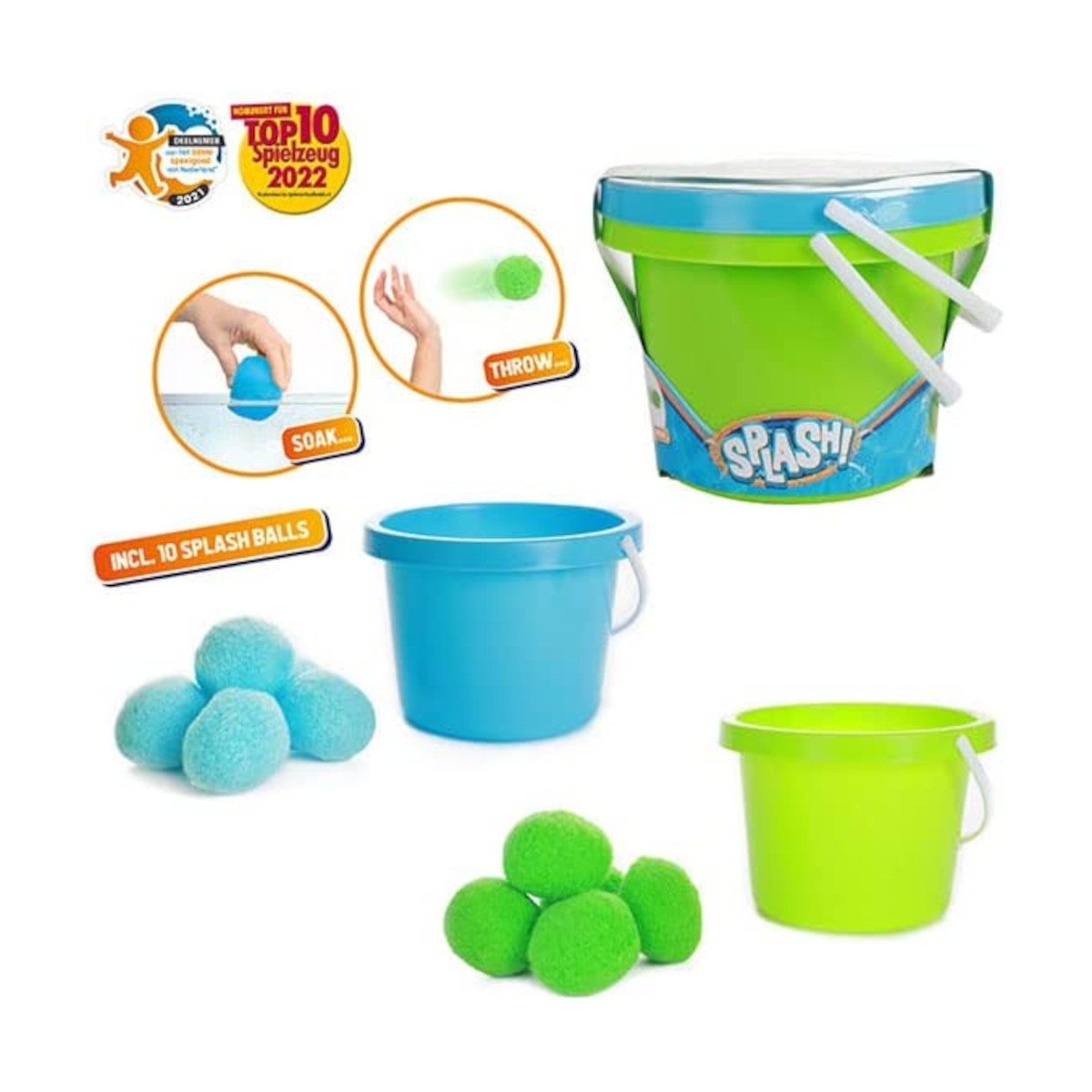 Spielzeug-Eimer und -Bälle. Grün, blau und weiß. Text: Soak, Throw, Splash. Weißer Hintergrund.