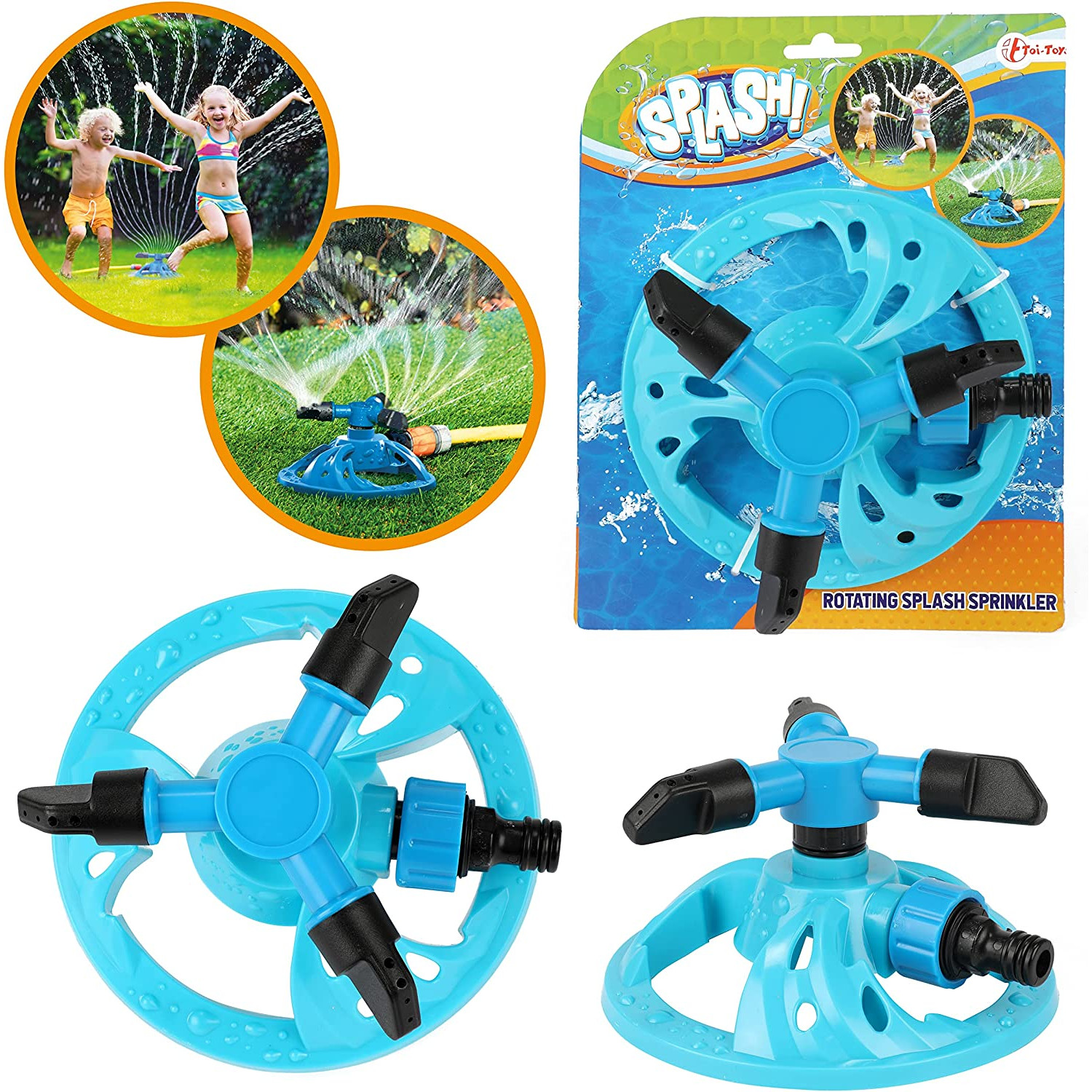 Blauer Spritzsprinkler mit spielenden Kindern. Produktaufnahmen auf weißem Grund.