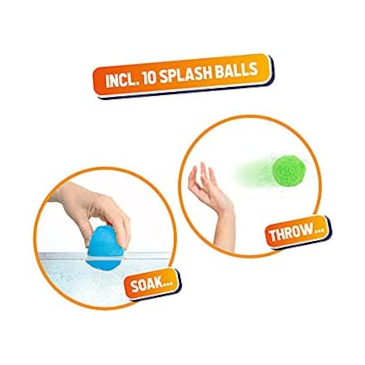 Hände, die mit Splash-Bällen interagieren. Eine Hand tränkt einen blauen Ball, die andere wirft einen grünen.