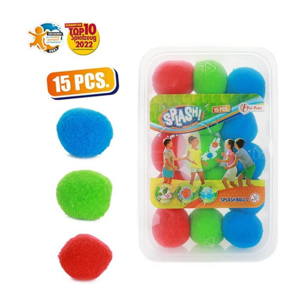 Eine Packung bunter Splash-Bälle. Die Bälle sind rot, grün und blau.