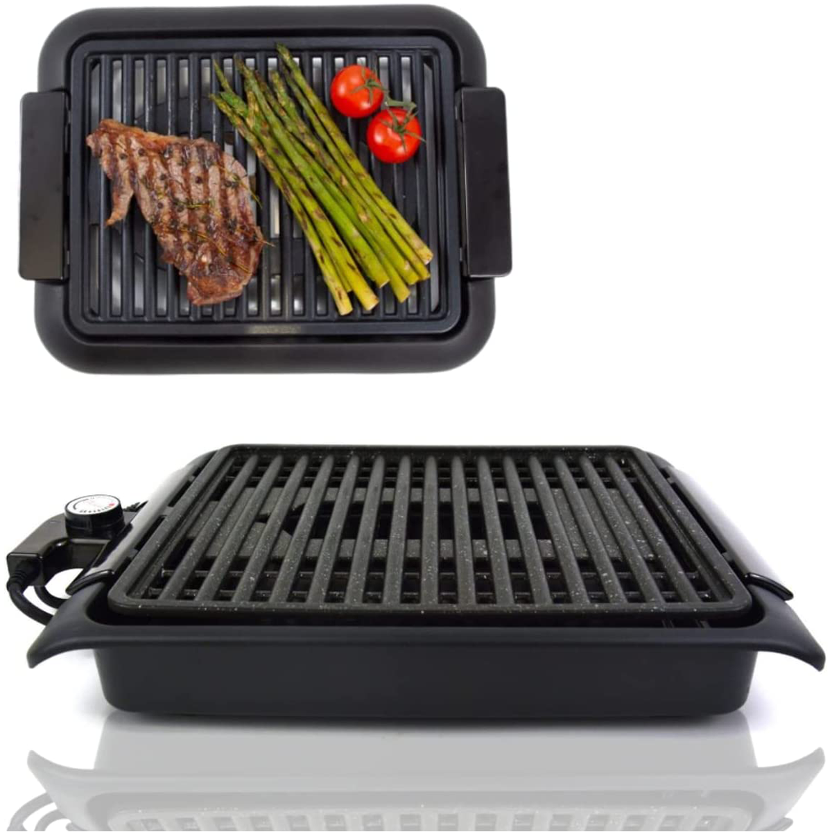 Elektrischer Grill mit Steak, Spargel und Tomaten. Ansichten von oben und unten.