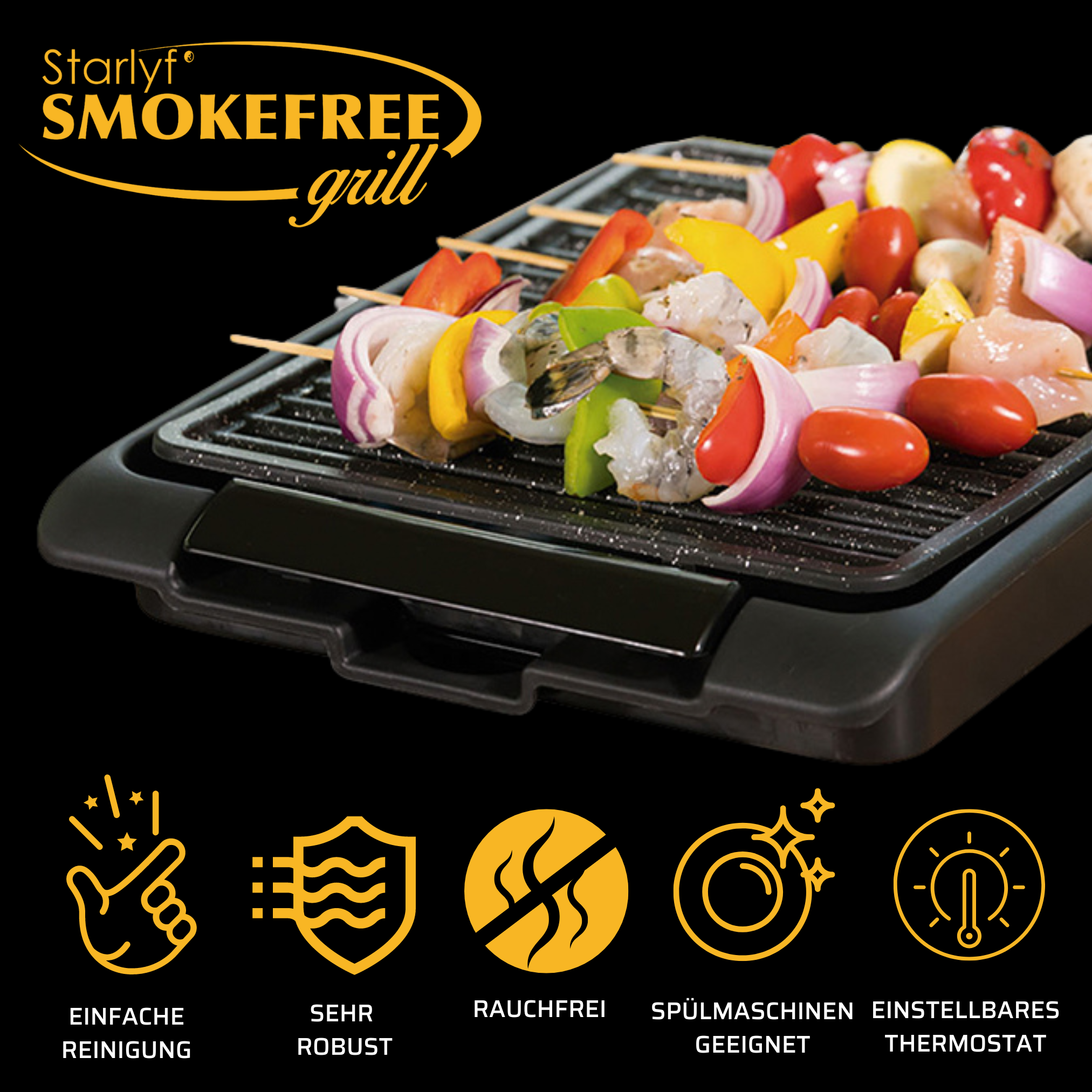 Rauchfreier Grill mit Essensspießen. Symbole für einfache Reinigung, robust, rauchfrei, spülmaschinenfest, Thermostat.