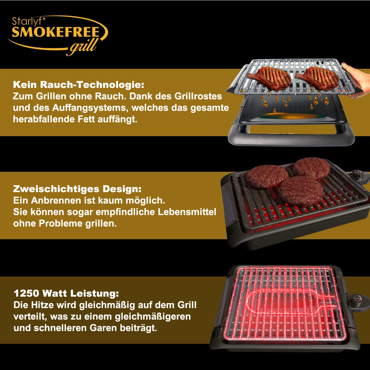 Ein rauchfreier Grill mit Essen, eine Nahaufnahme des Heizelements.