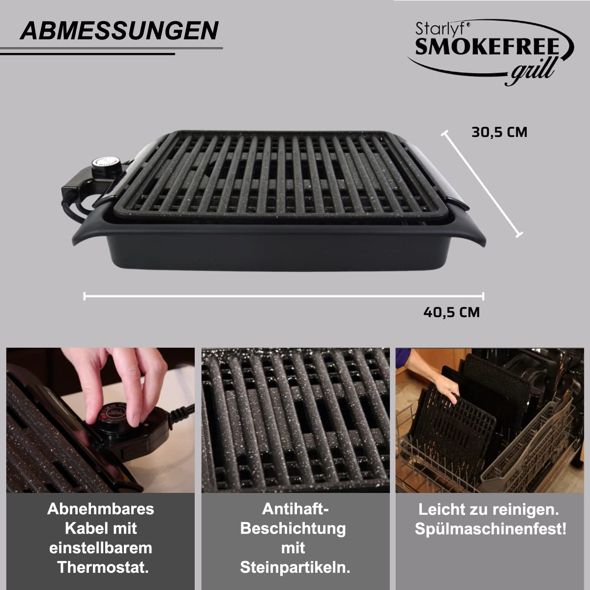 STARLYF schwarz Elektrogrill, Grill Smokefree (1250 Watt)