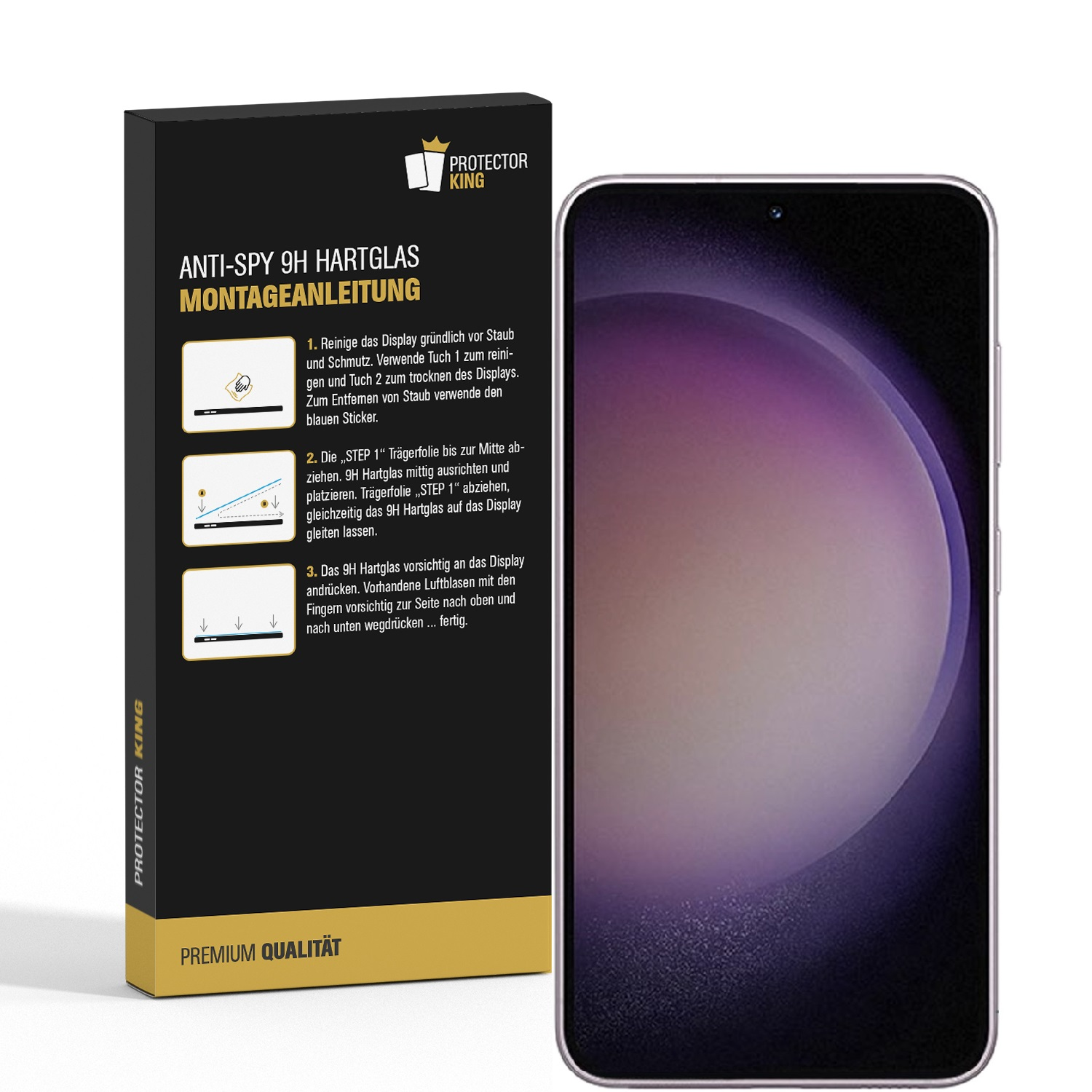 Protector King Box und Telefon. Auf dem Telefon ist ein Displayschutz angebracht.