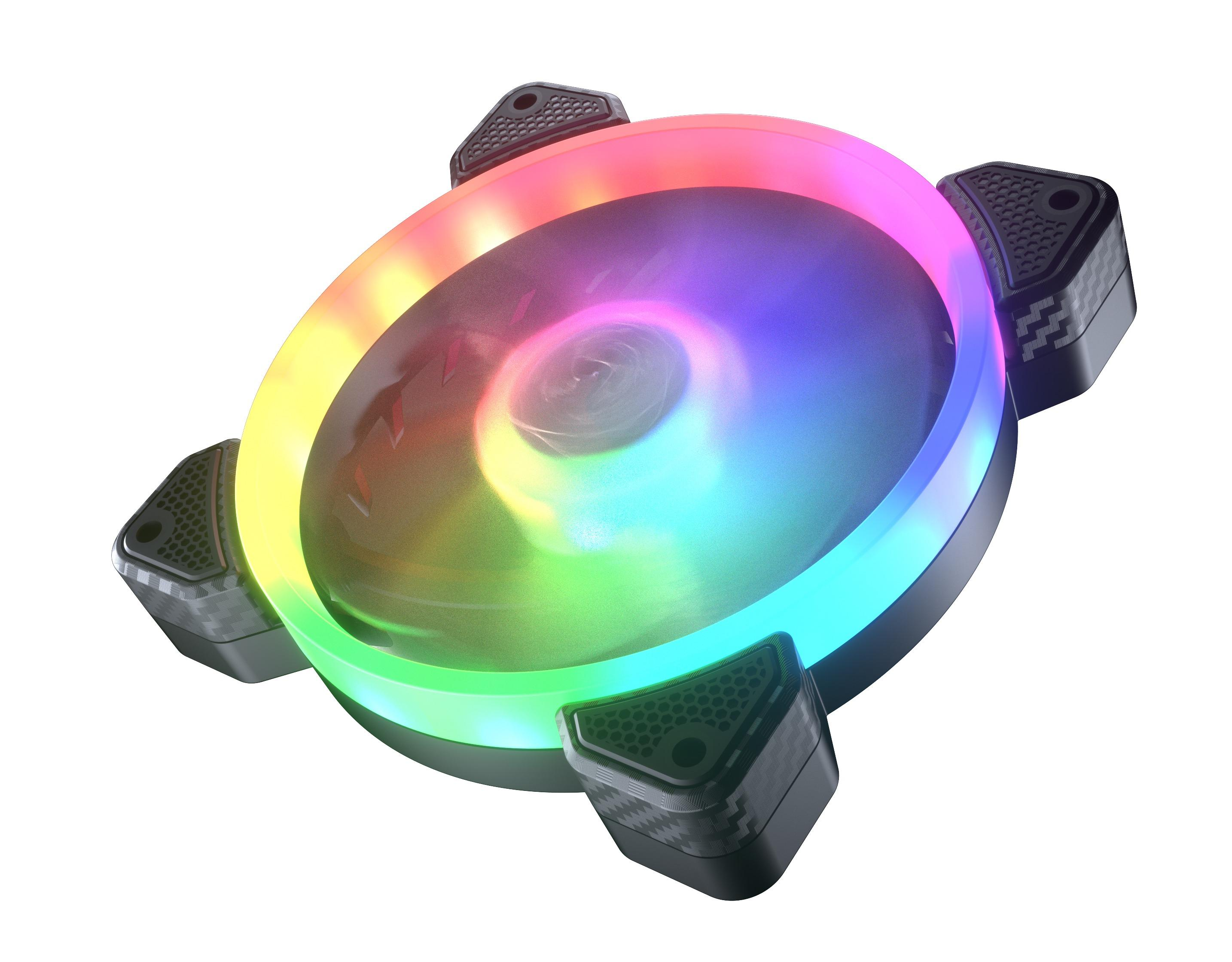 Computerlüfter mit bunten LED-Leuchten. Schwarzer Rahmen, weißer Hintergrund, Nahaufnahme.