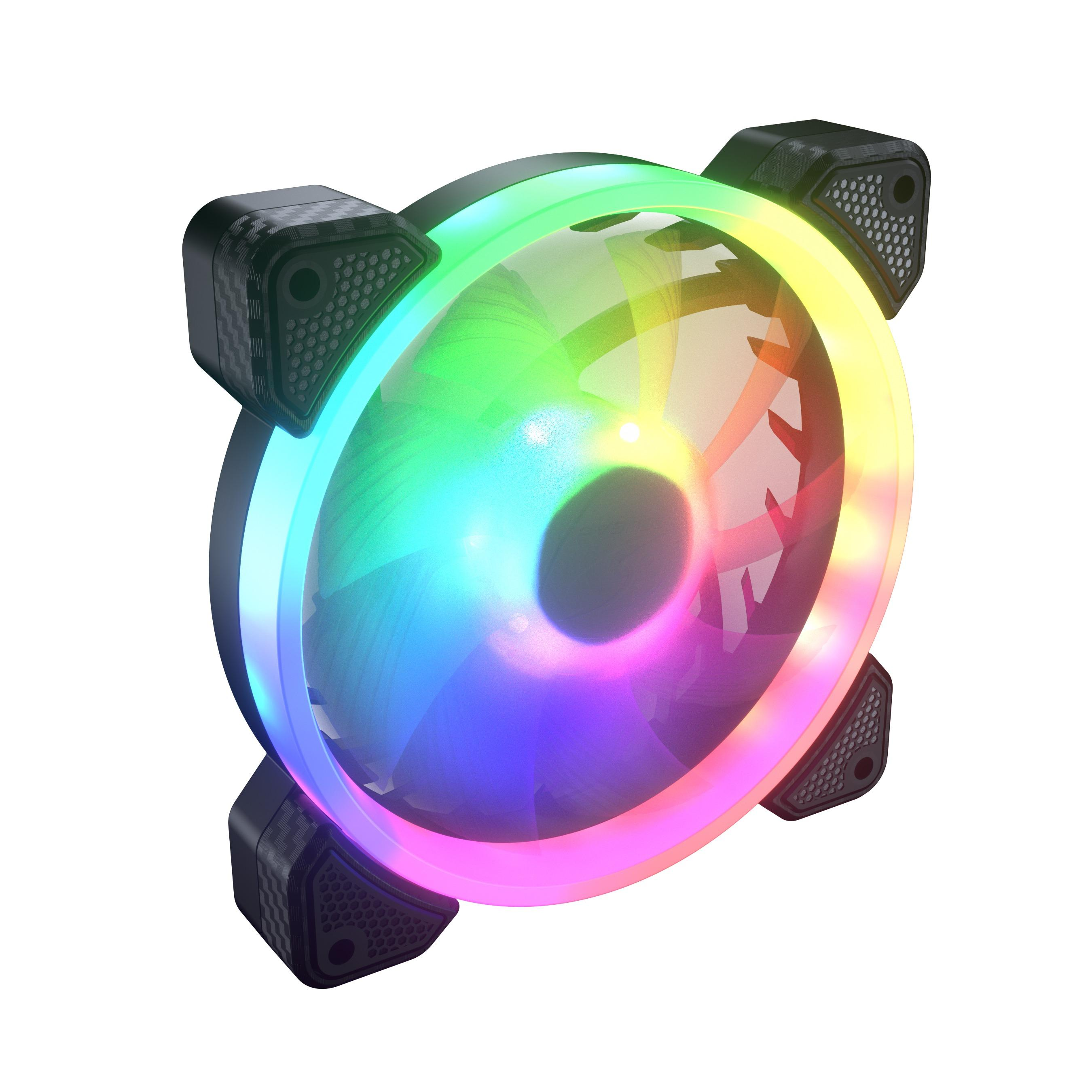 Ein farbenfroher LED-Lüfter mit vier schwarzen Ecken. Er hat eine klare Mitte und Lichter.