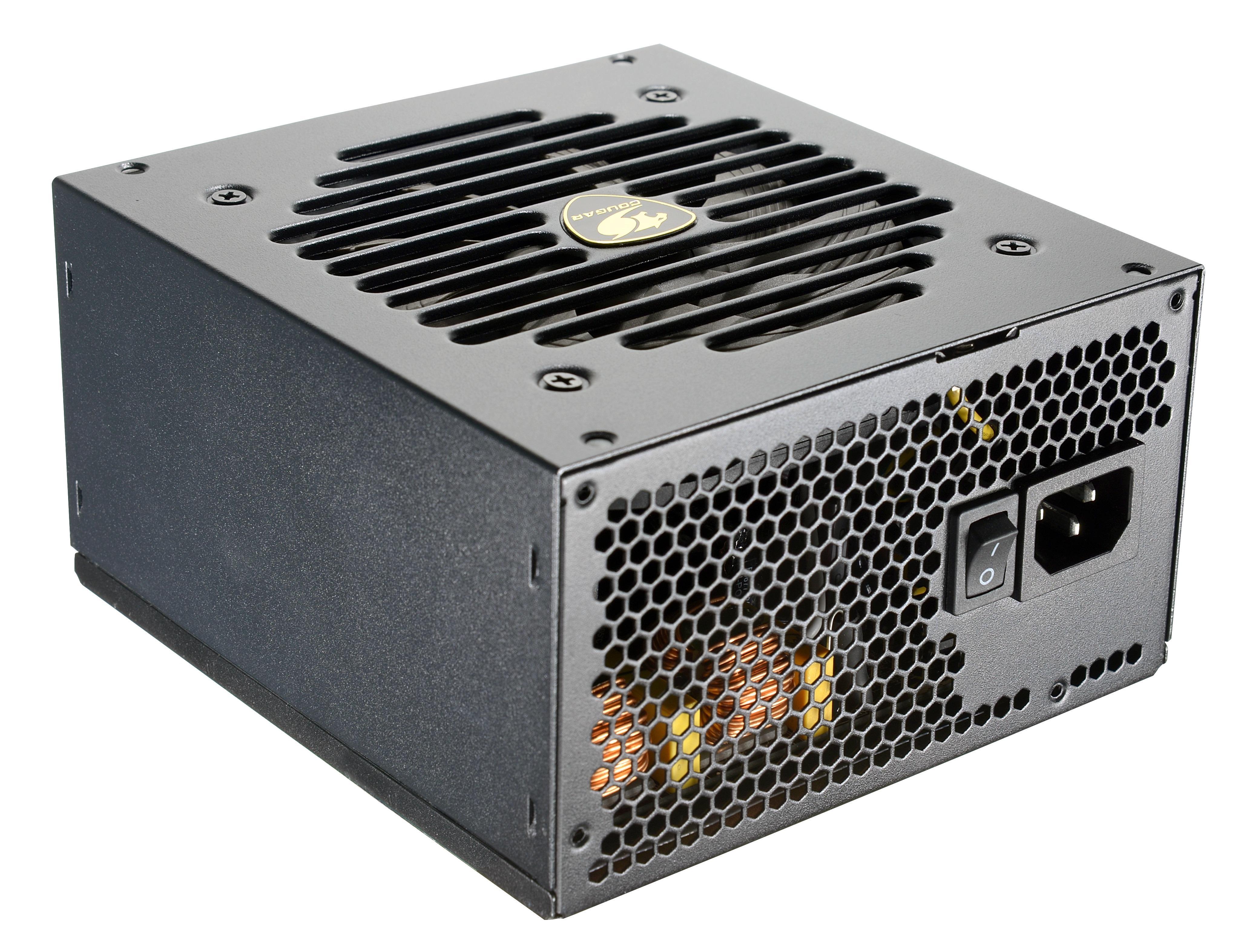 Czarny zasilacz komputerowy z kratką wentylatora, przełącznikiem zasilania i wejściem zasilania.