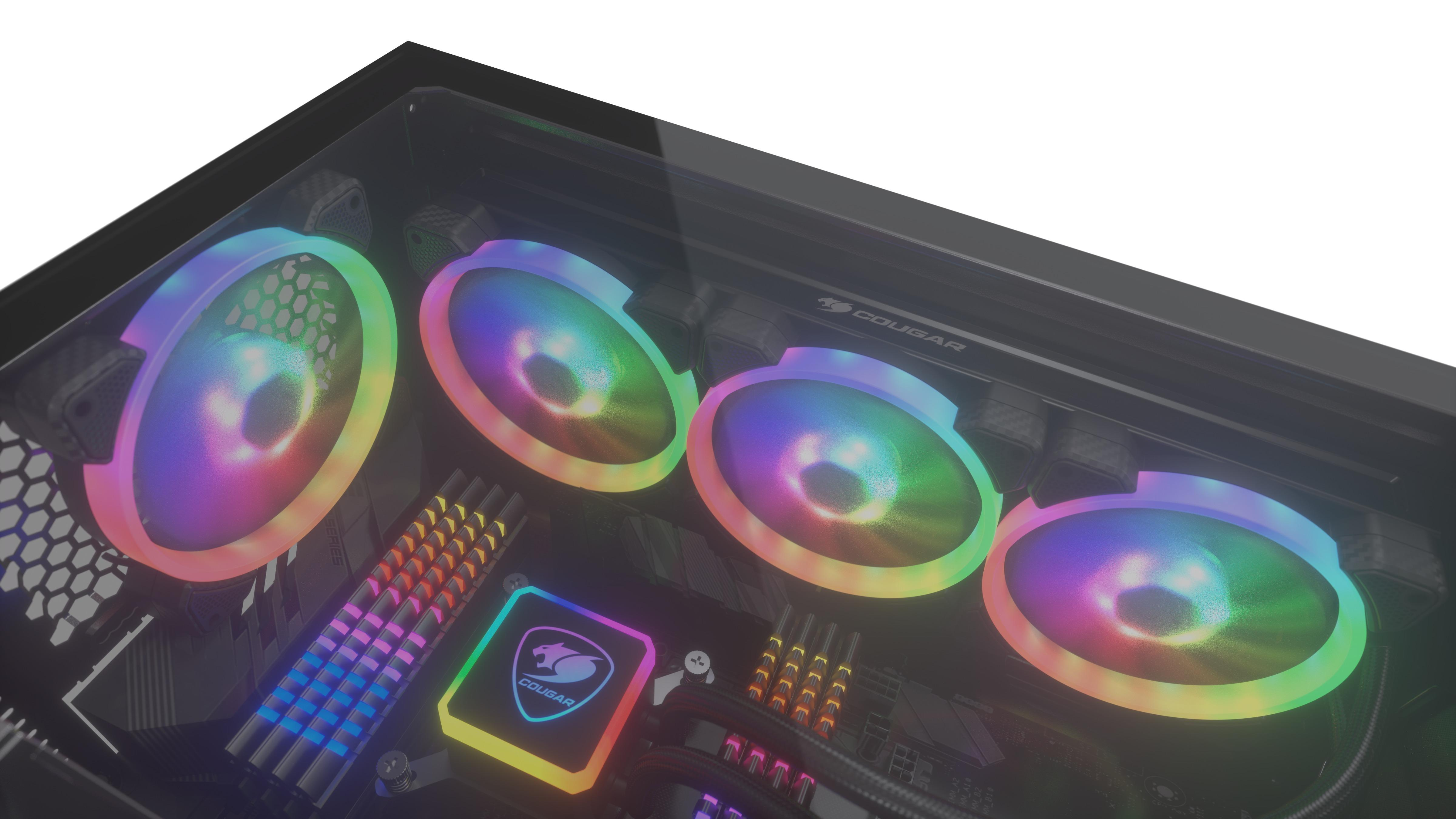 Ein Computergehäuse mit RGB-Lüftern. Die Lüfter sind mit mehreren Farben beleuchtet und durch das Glas sichtbar.