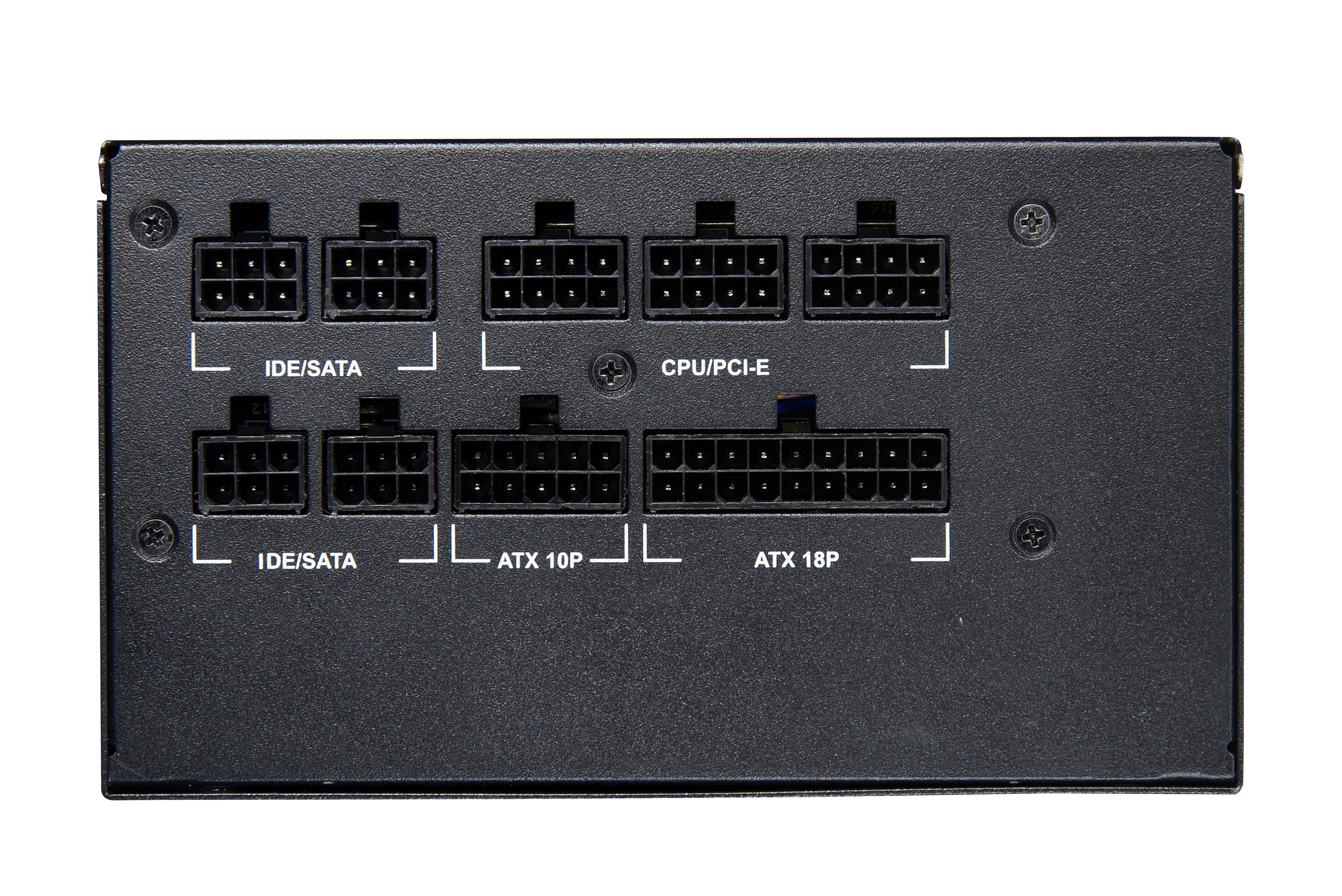 Czarny zasilacz z wieloma portami z etykietami IDE/SATA, CPU/PCI-E, ATX 10P i ATX 18P.