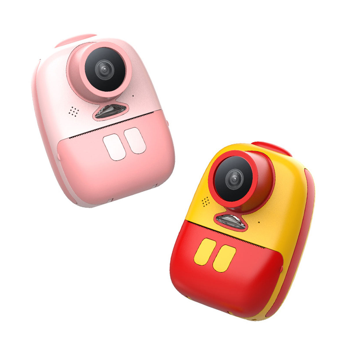 Zwei Spielzeugkameras, rosa und gelb-rot. Weißer Hintergrund, Nahaufnahme.