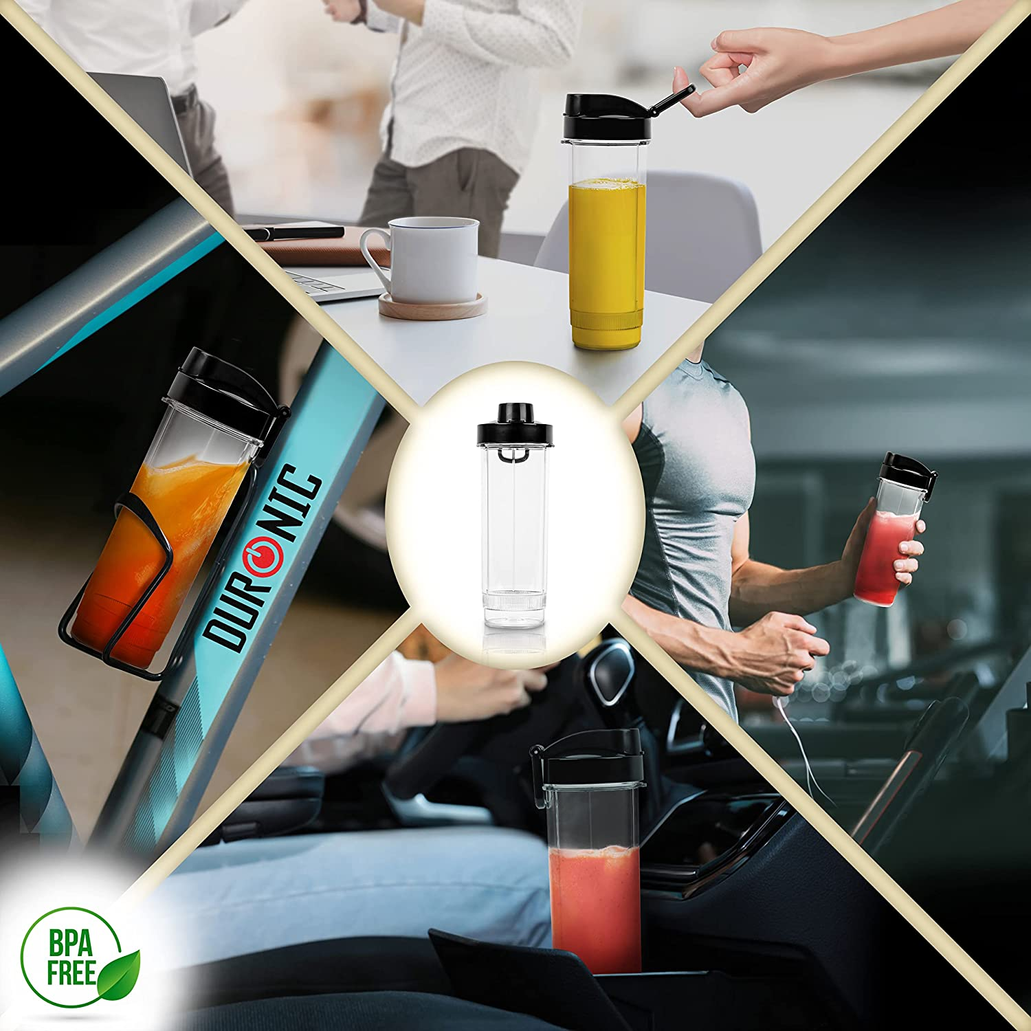 Mehrere Bilder mit einer Blenderflasche in verschiedenen Kontexten, mit BPA-freiem Label.