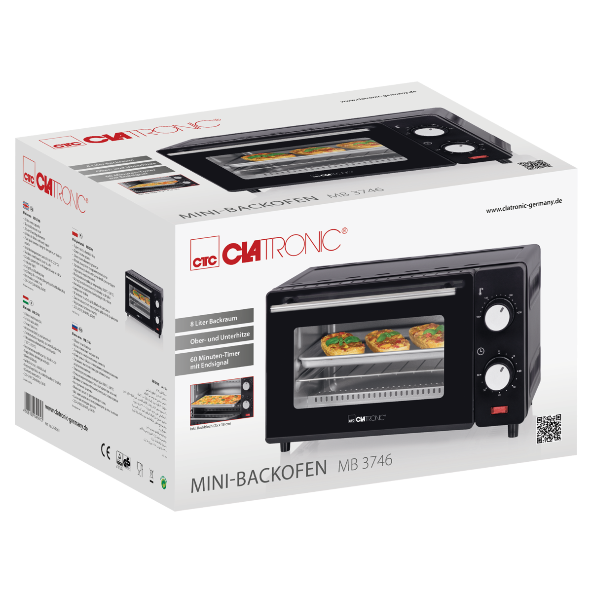 Czarny mini piekarnik w pudełku. Pudełko pokazuje piekarnik i jego funkcje.