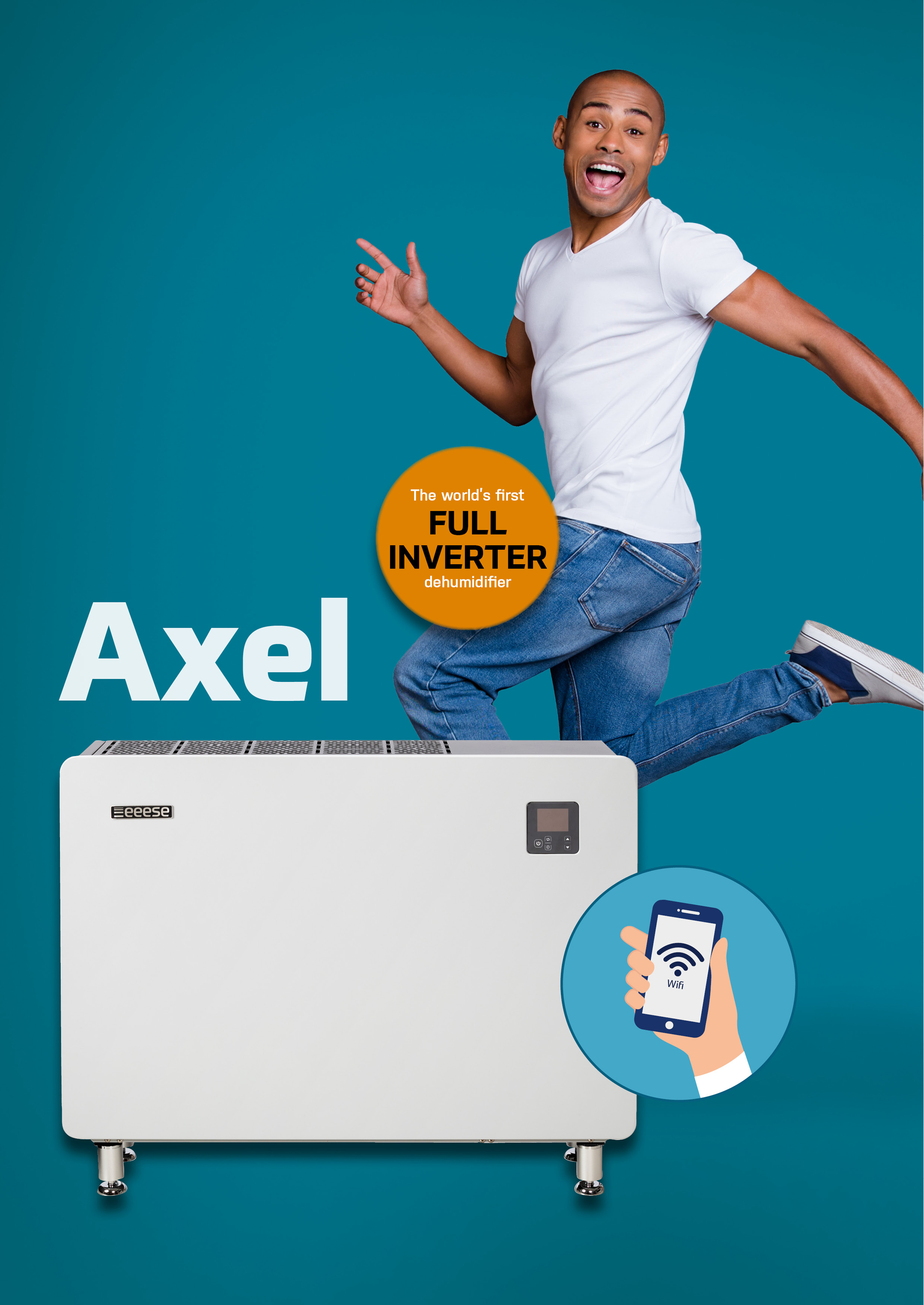 Mann springt vor einem weißen Luftentfeuchter. Text: 'Axel' und 'The world's first FULL INVERTER'.