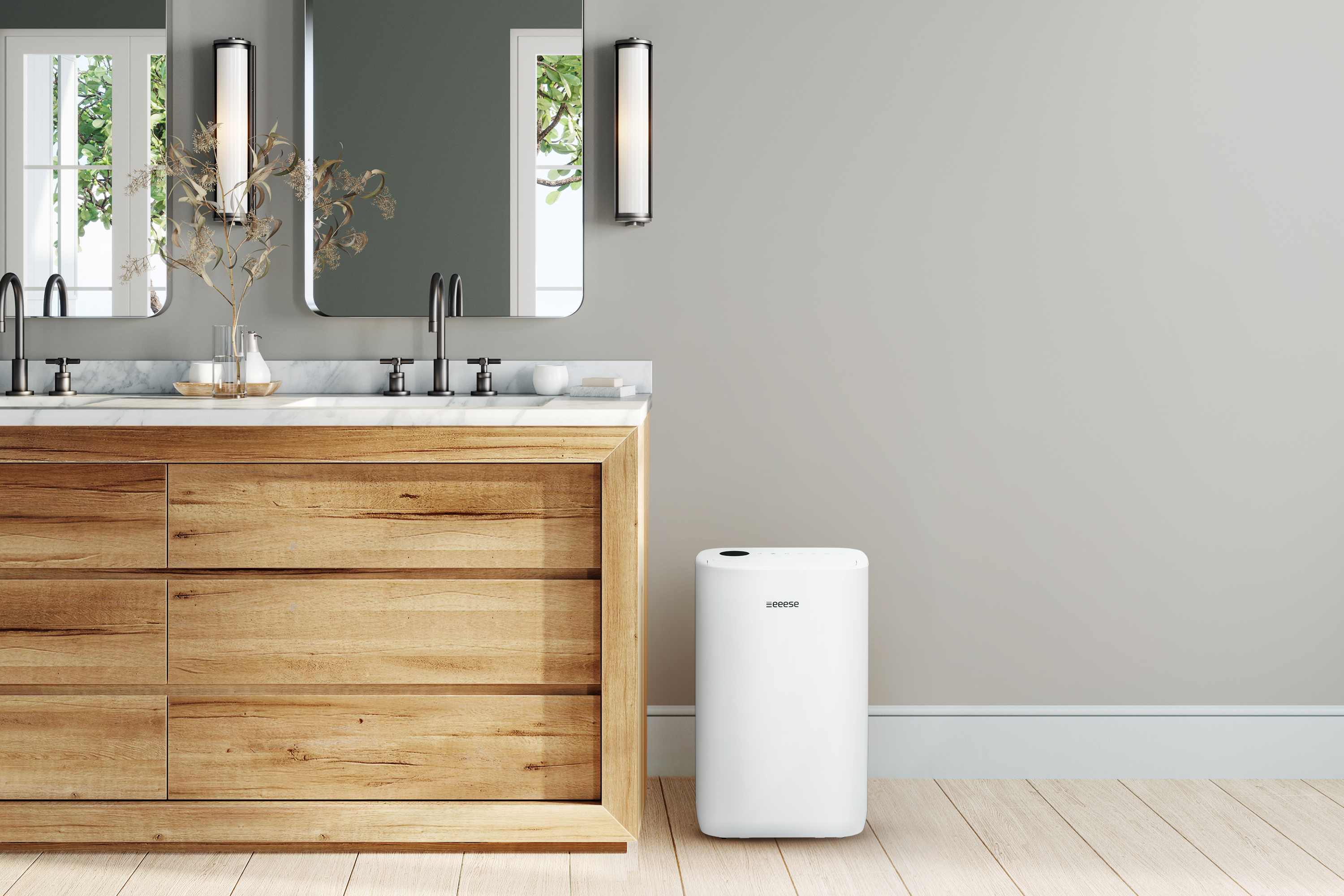 Badezimmer-Szene. Holzschrank mit Waschbecken und Spiegeln. Weißer Luftreiniger vor einer grauen Wand.