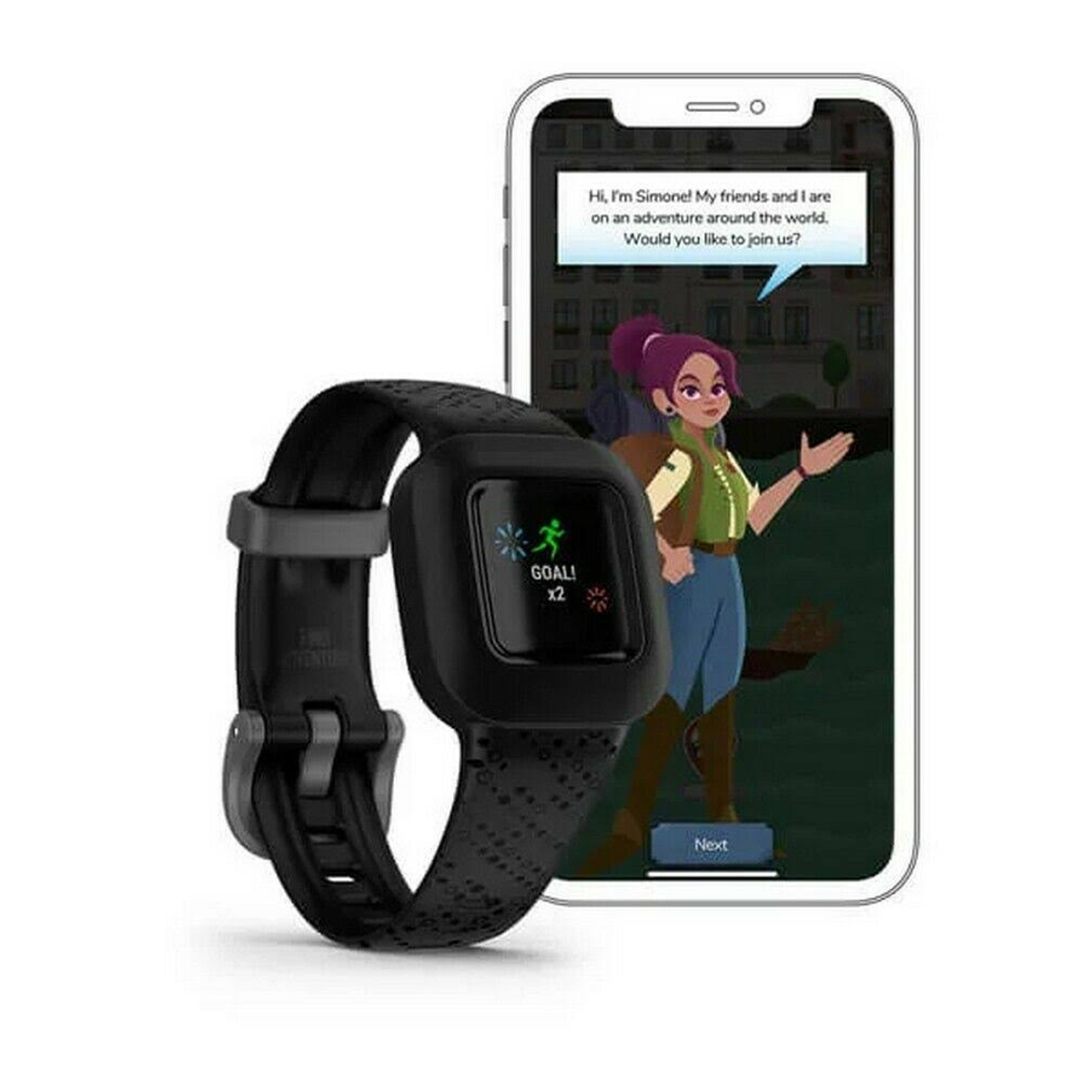 Czarny smartwatch i smartfon wyświetlający postać z kreskówki z powiadomieniem o celu.