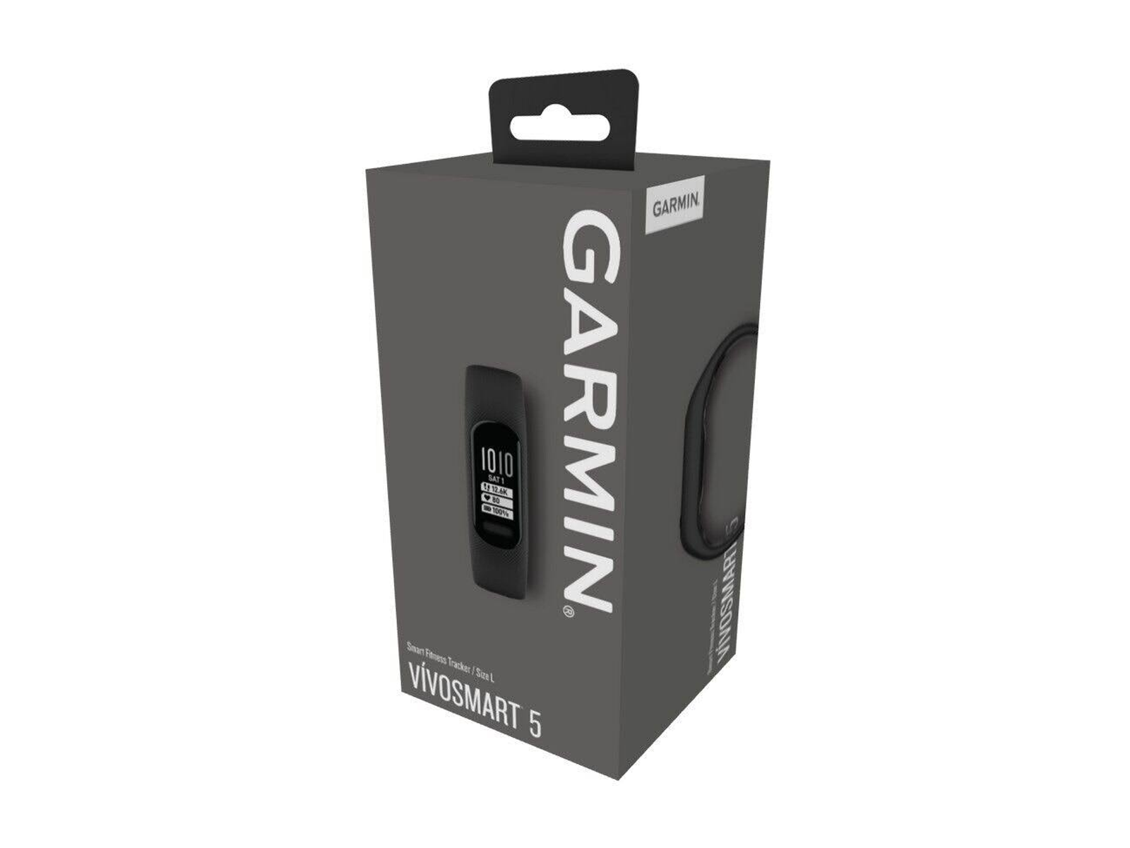Un fitness tracker Garmin Vivosmart 5 nero in una scatola grigia con il logo Garmin.
