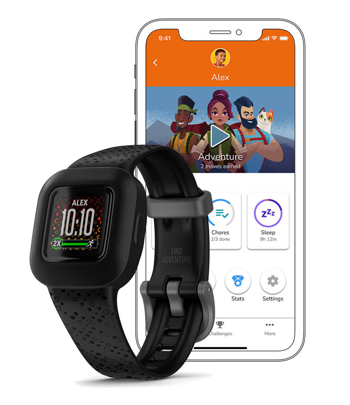 Czarny smartwatch z ekranem wyświetlającym czas i dane, połączony z aplikacją na smartfonie.