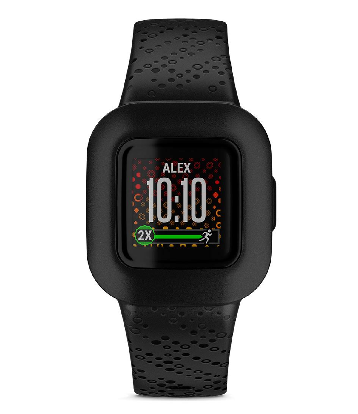 Czarny smartwatch z cyfrowym wyświetlaczem pokazującym czas i wskaźniki fitness. Czarny pasek z kropkami.