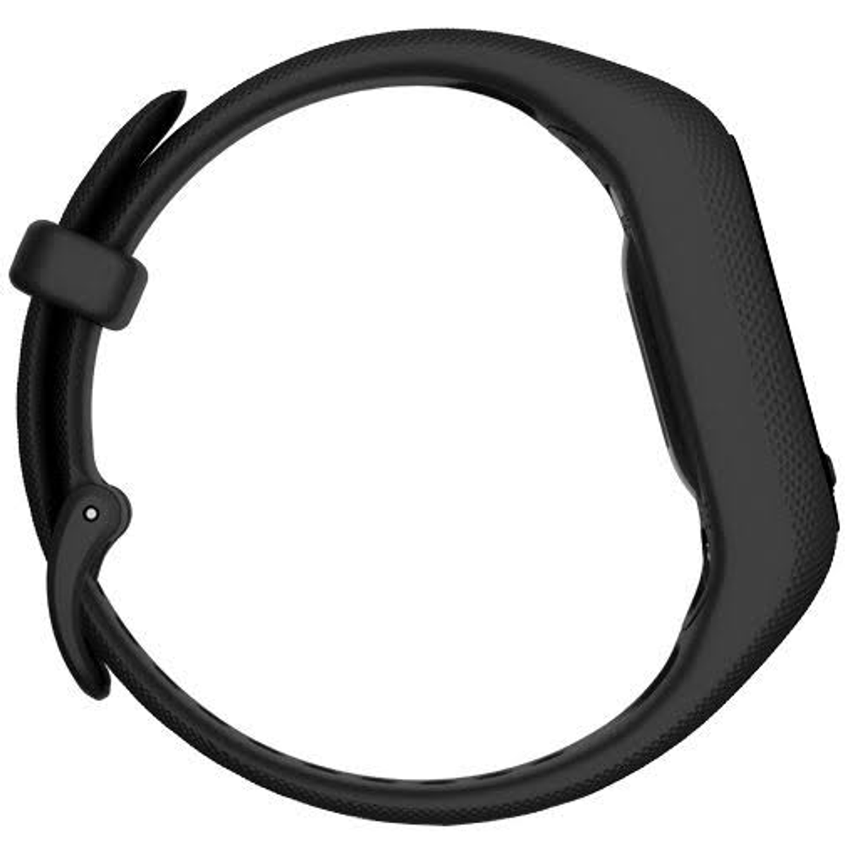 Orologio fitness tracker nero. È circolare e ha un cinturino nero. Vista laterale.