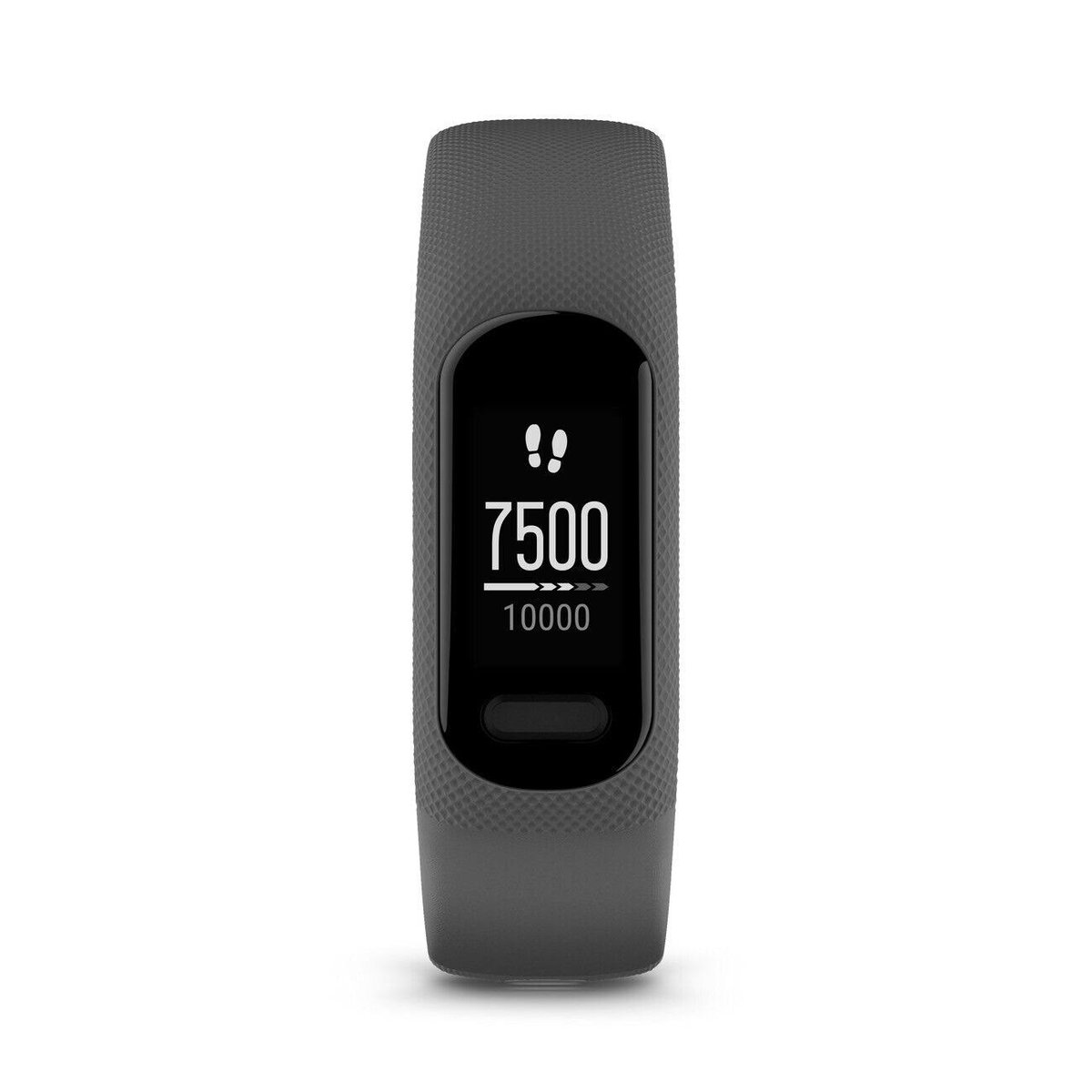 Fitness tracker grigio scuro con schermo nero che mostra '7500' e '10000'.