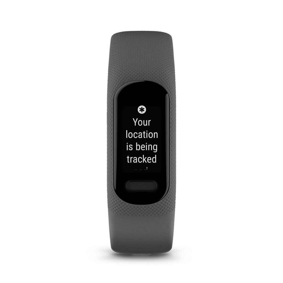 Fitness tracker grigio con schermo: La tua posizione è in fase di rilevamento.