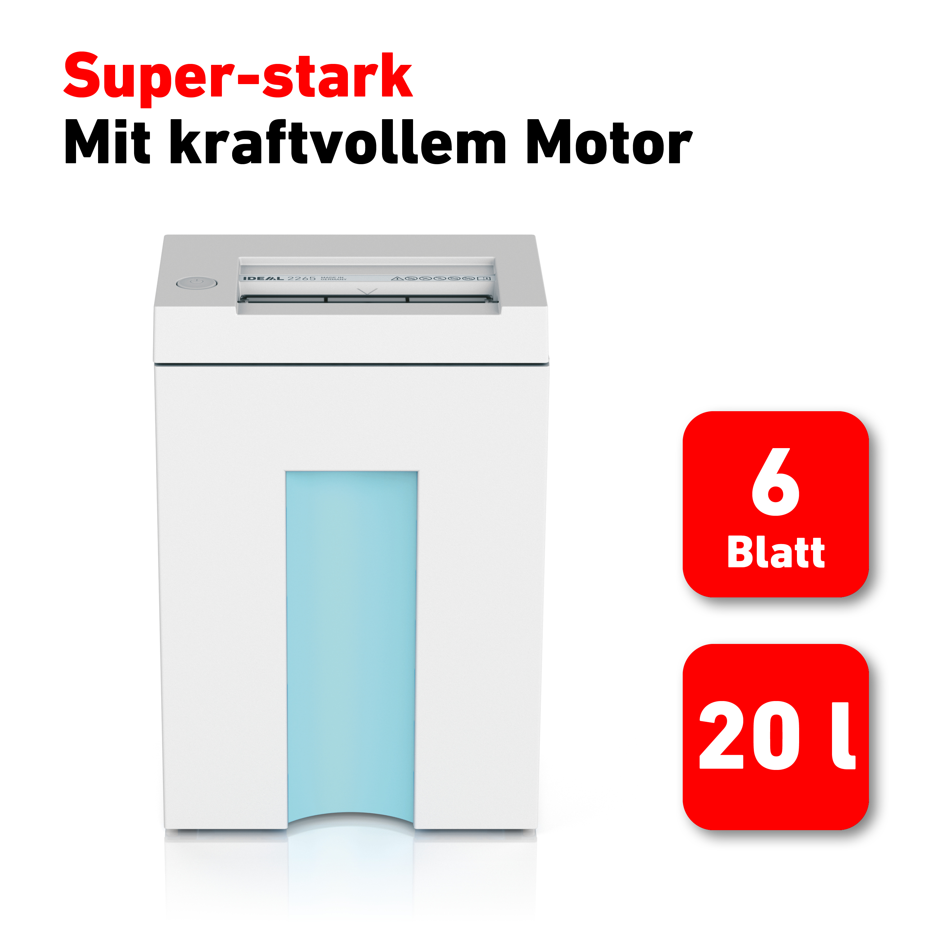 Weißer Aktenvernichter mit Text und Symbolen, rot-weißes Farbschema.