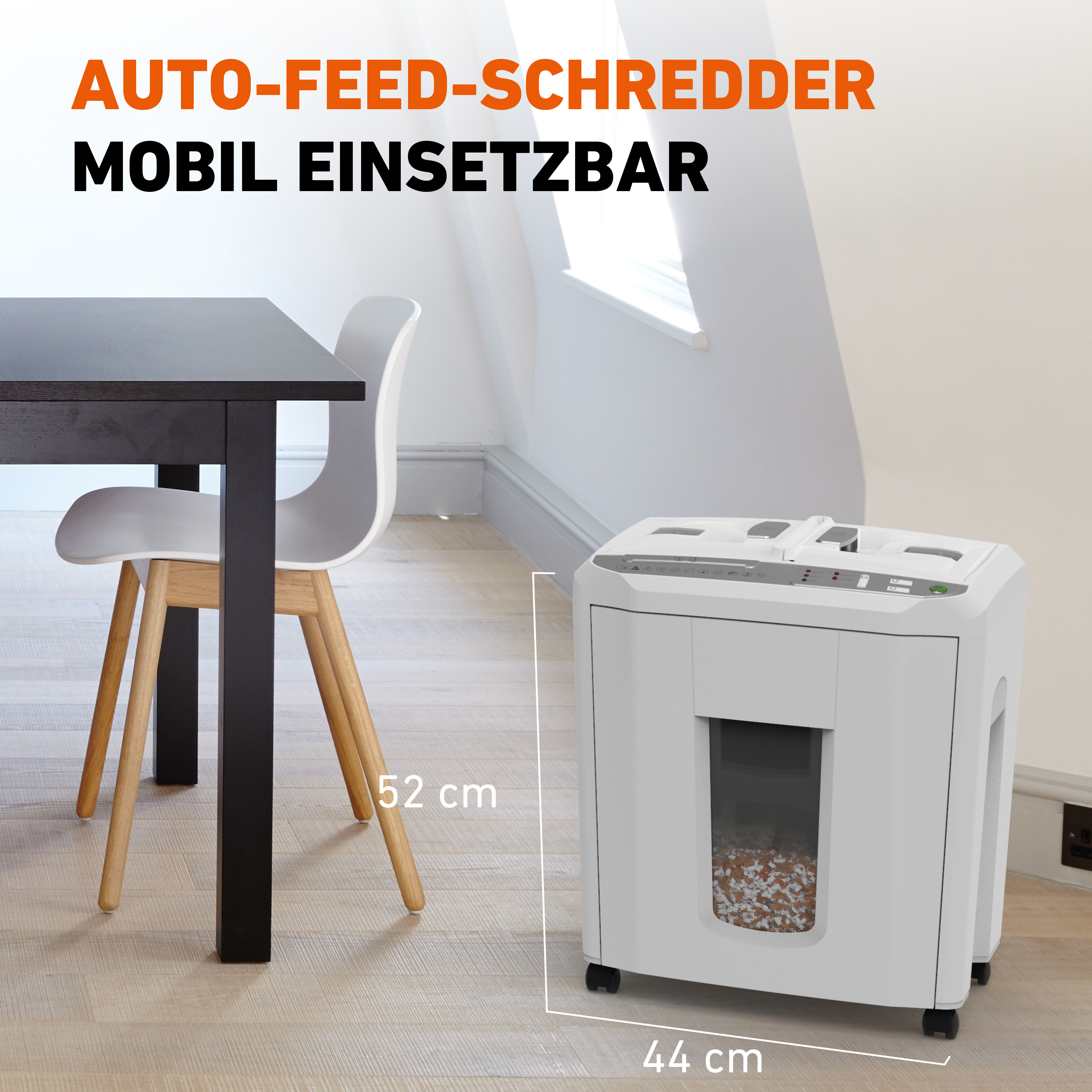 Weißer Aktenvernichter mit einem schwarzen Tisch und einem Stuhl, der Abmessungen zeigt.