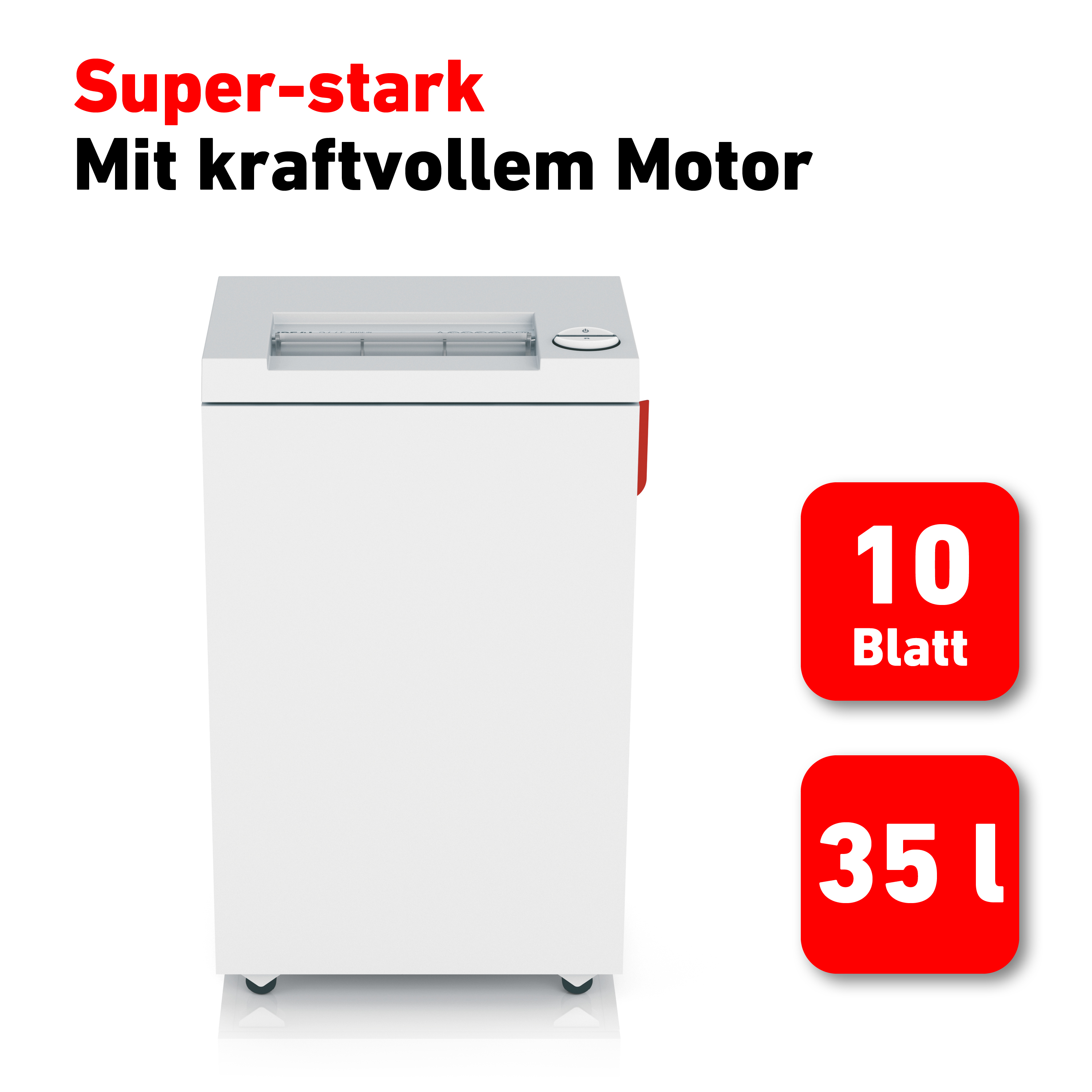 Weißer Aktenvernichter mit roten Akzenten und zwei roten Etiketten zur Kapazität.